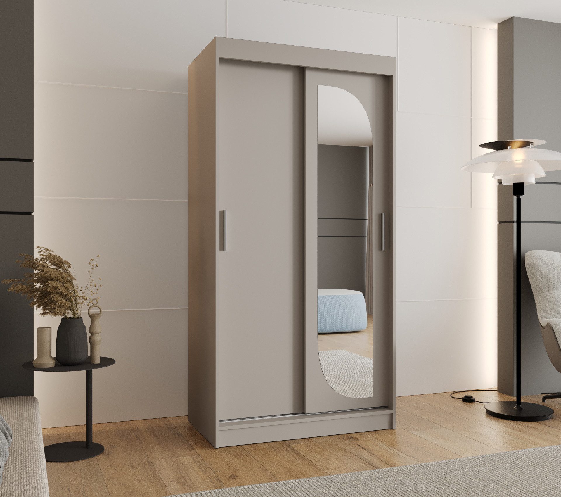 MOEBLO Schwebetürenschrank CYLIO (mit Spiegel – Moderner Kleiderschrank mit Schiebetüren, Metall-Kleiderstangen & BIMAK-System, in mehreren Farben & Größen, Schrank Garderobe Schiebtüren Schlafzimmer Wohnzimmerschrank) 100 /120/150/180/200/250x200x62 cm