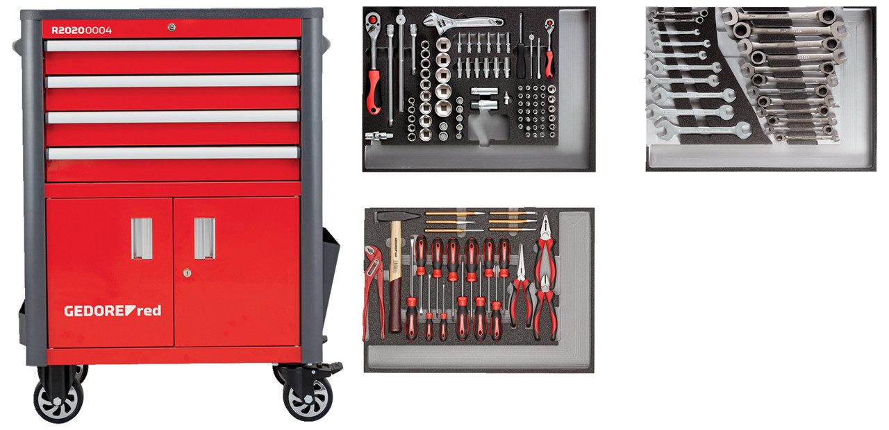 Gedore Red Werkzeugkoffer R22041004 Werkzeugsatz im Werkstattwagen WINGMAN rot 129-teilig