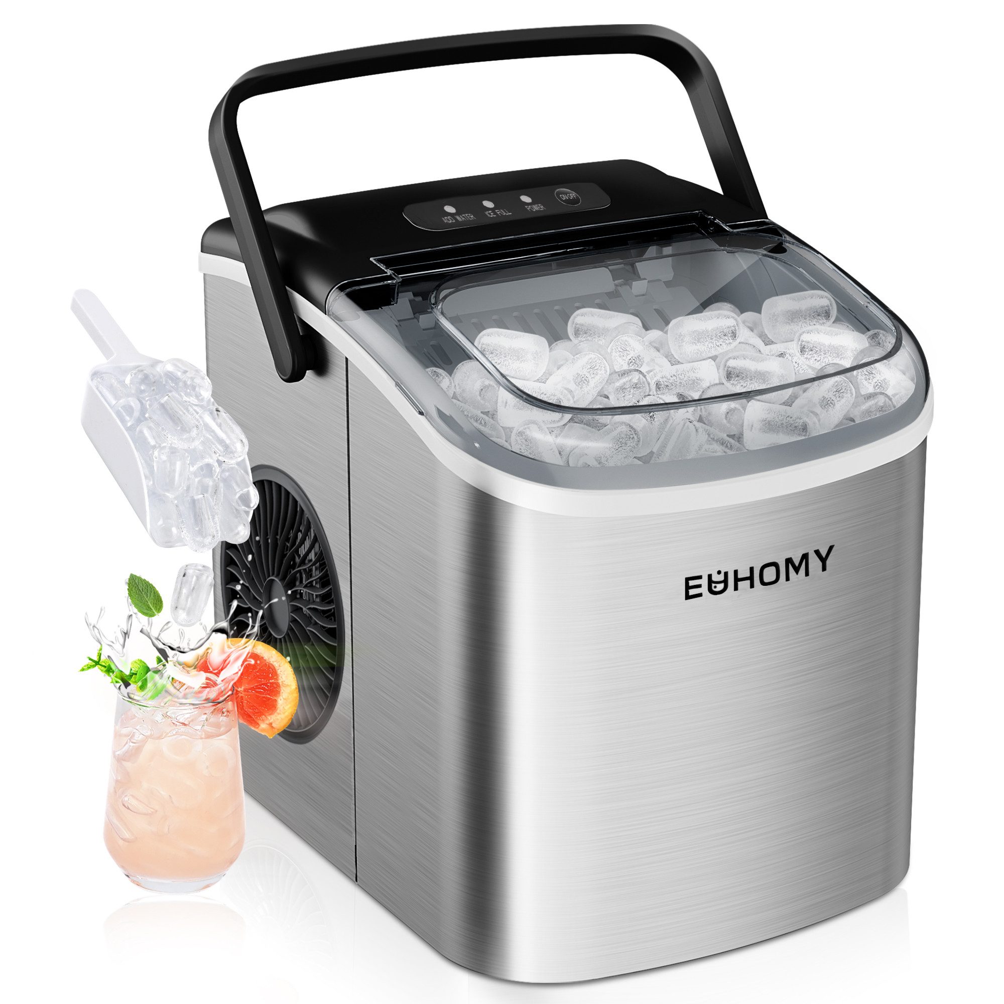 EUHOMY Eiswürfelmaschine Eiswürfelmaschine, 12 kg/24h, 2 Eisgrößen, selbstreinigend, kompakt, Leise, kompakt und schnell einsatzbereit fuer den taeglichen Eisbedarf