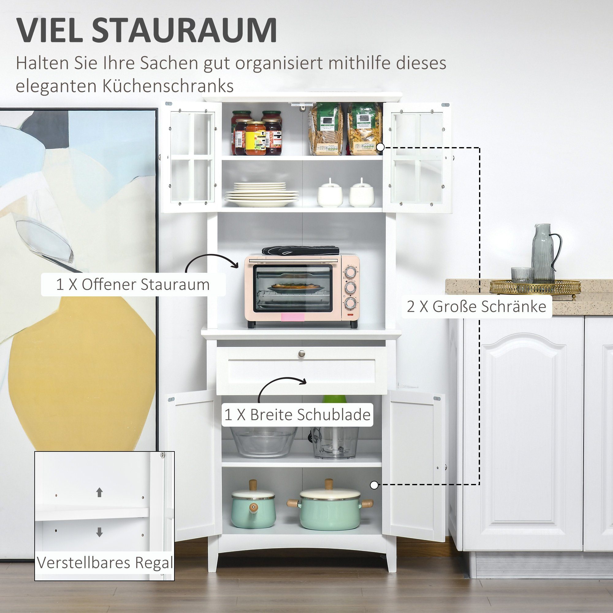 (Set, HOMCOM Küchenschrank) x cm mit Schublade 1-St., x 68,6B 1 40T MDF, Cabinet Küchenbuffet Sideboard Kitchen Vitrinenschrank 164H