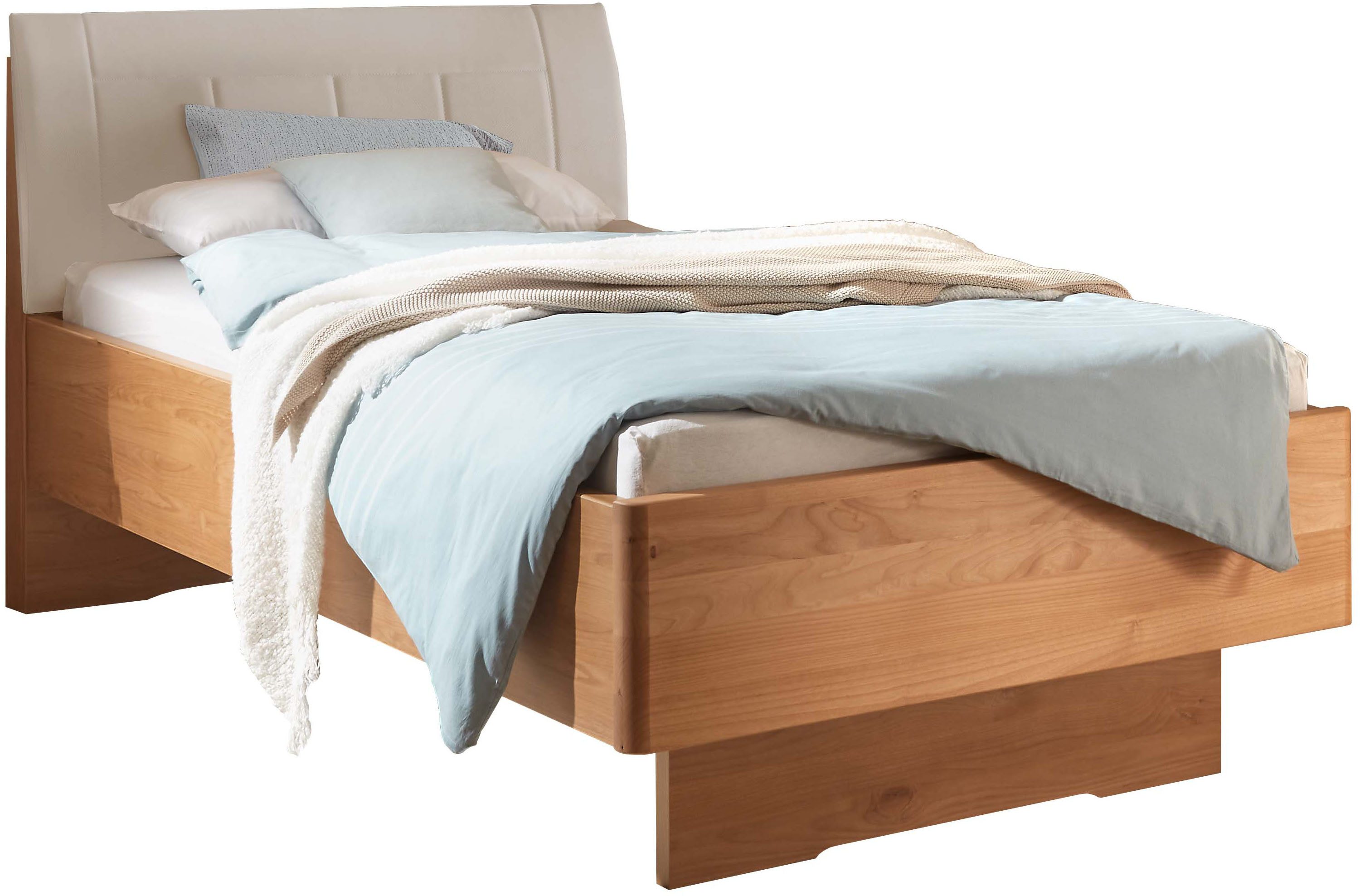 WIEMANN Holzbett Cardiff, Bettgestell, Bettrahmen, teilmassiv, mit Polsterkopfteil (Belastbarkeit 110/220 Kg, 4-fache höhenverstellbar, MADE IN GERMANY), Fußteil aus Massivholz, verschiedene Größen