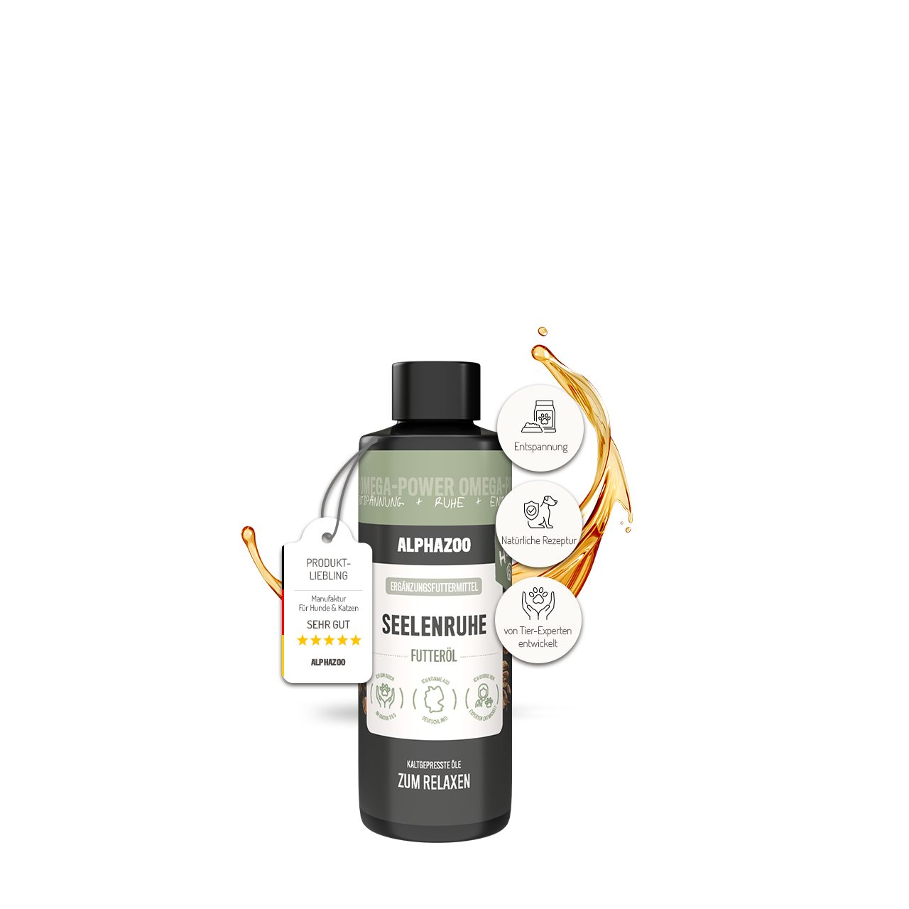 ALPHAZOO Seelenruhe Futteröl für Hunde 100 ml, Futteröl zur Entspannung und bei Unruhe, Ergänzungsfutter für: Hunde, Mit Baldrian und Hopfen als Beruhigungshilfe