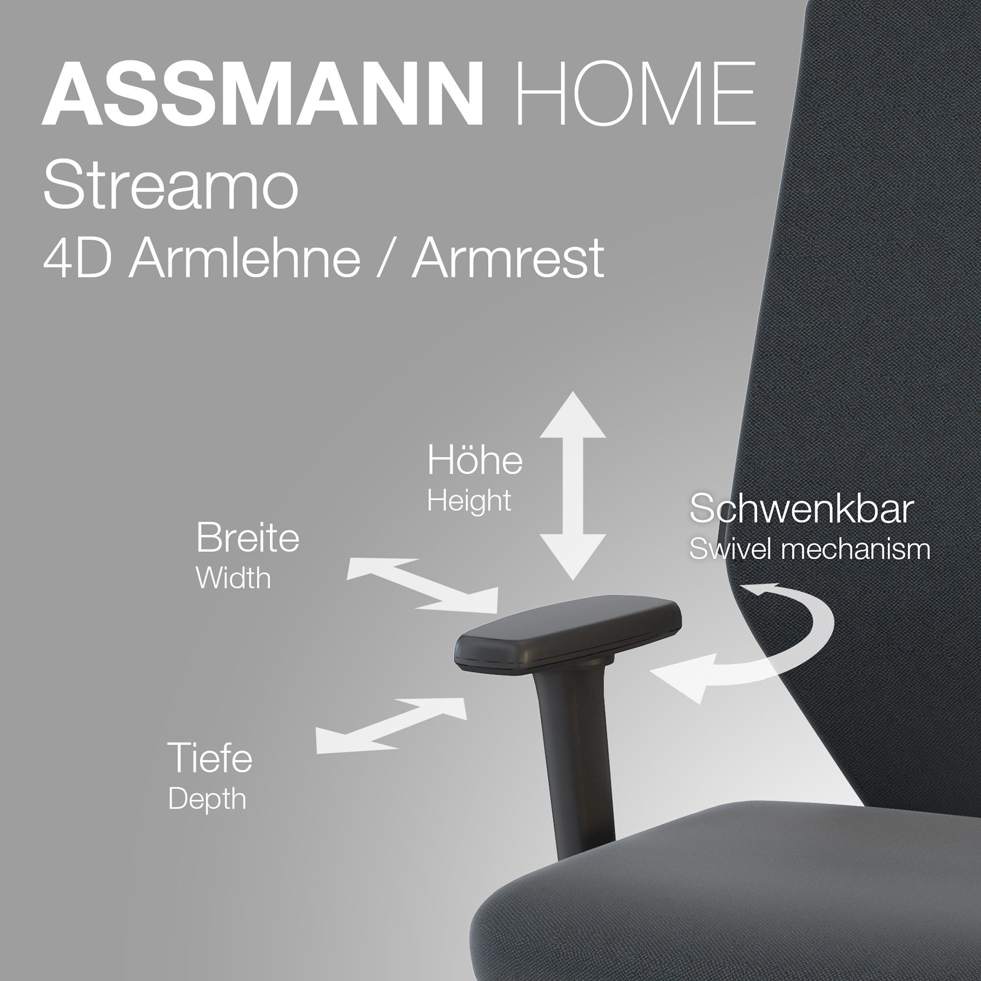 ASSMANN Büromöbel Bürostuhl Streamo (4D Armlehne: Breiten-, höhen-, tiefenverstellbar und vertikal drehbar mit weicher PU-Auflage Synchronmechanik schwarz 5-strahliges Fußkreuz, Kunststoff schwarz Rückenlehnenarretierung in 4 Positionen, Netzrücken für Luftzirkulation Gewichtsregulierung in 6 Stufen manuell einstellbar, Ergonomisch gepolstert stufenlos verstellbar: 400 - 515 mm, fertig montiert, für Büro und Homeoffice), TÜV-zertifiziert