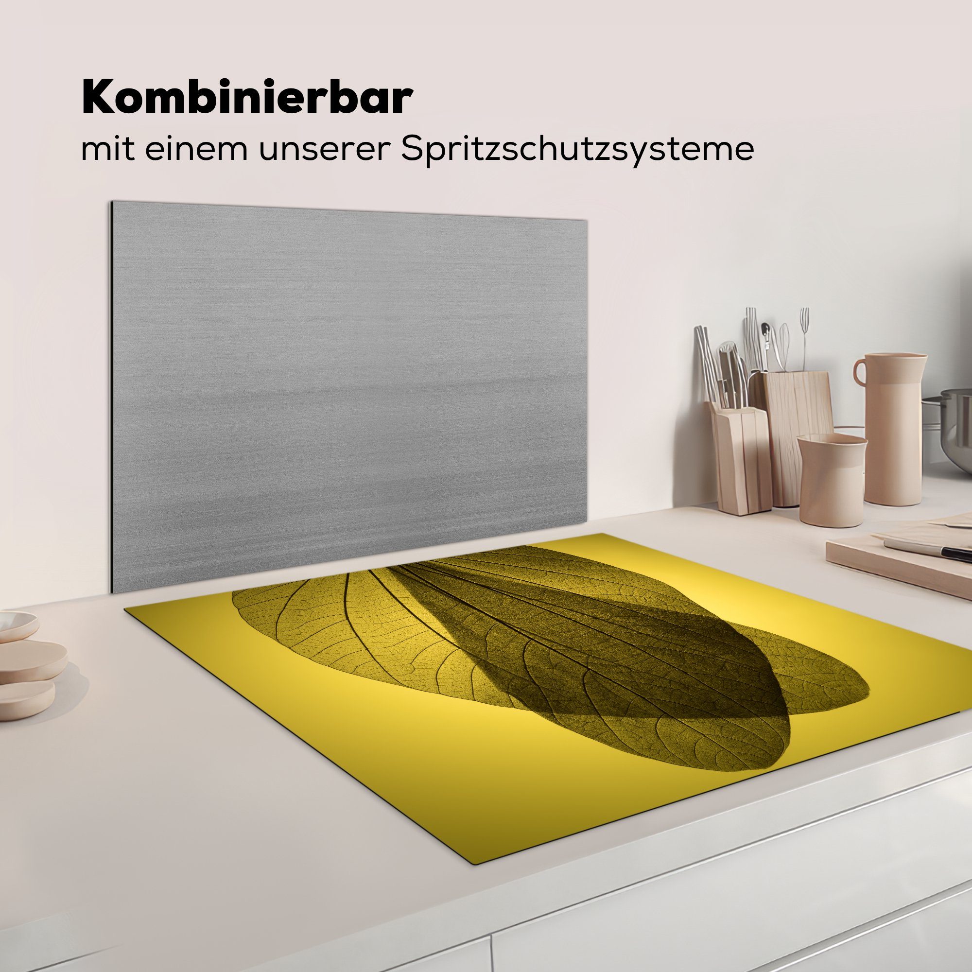 Herdblende-/Abdeckplatte cm, Arbeitsplatte küche MuchoWow tlg), für Vinyl, 78x78 Blätter botanischer Skelett mehrerer Ceranfeldabdeckung, Hintergrund, (1 gelbem auf