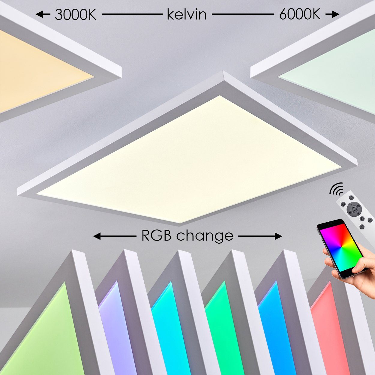 Deckenpanel Smartphone-App, dimmbares Aluminiumin o. RGB-Farbwechsel, Weiß, m. »Vacil« Sprachsteuerung Kelvin, CCT Fernbedienung Panel aus LED 3000-6000 hofstein Panel