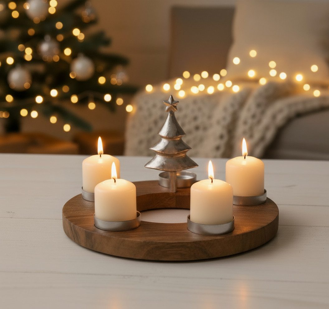 MF Adventskranz Teelichthalter Sorrest Holz Metall Adventskranz Rund Silber günstig online kaufen