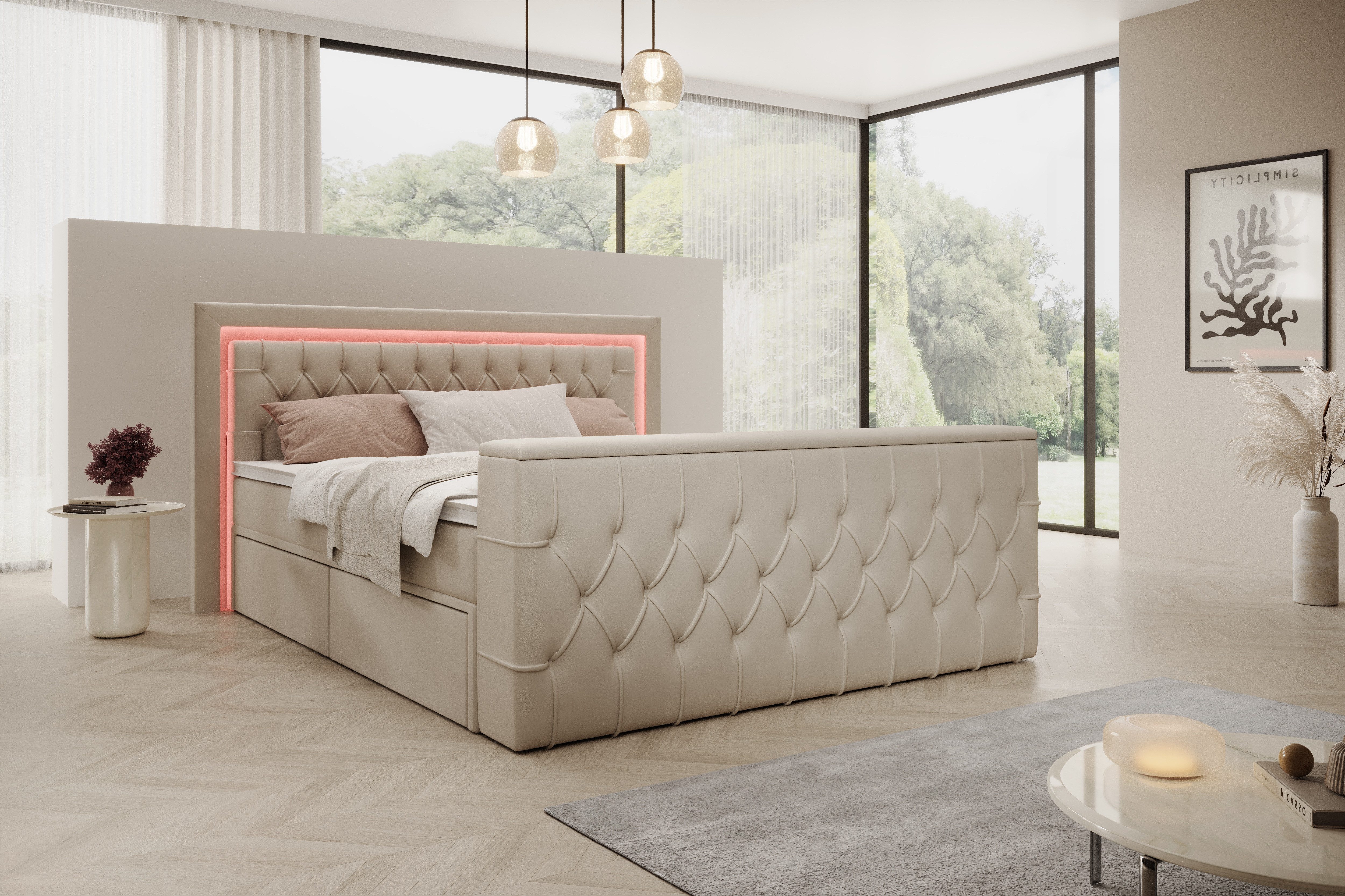 PROMETO Möbel Boxspringbett Doppelbett 180x200 mit Matratze, Schubladen TV-Lift LED Beleuchtung, inkl. 7-Zonen-Taschenfederkernmatratze, TV-Lift im Fußteil, Top – Bild 4 von 5
