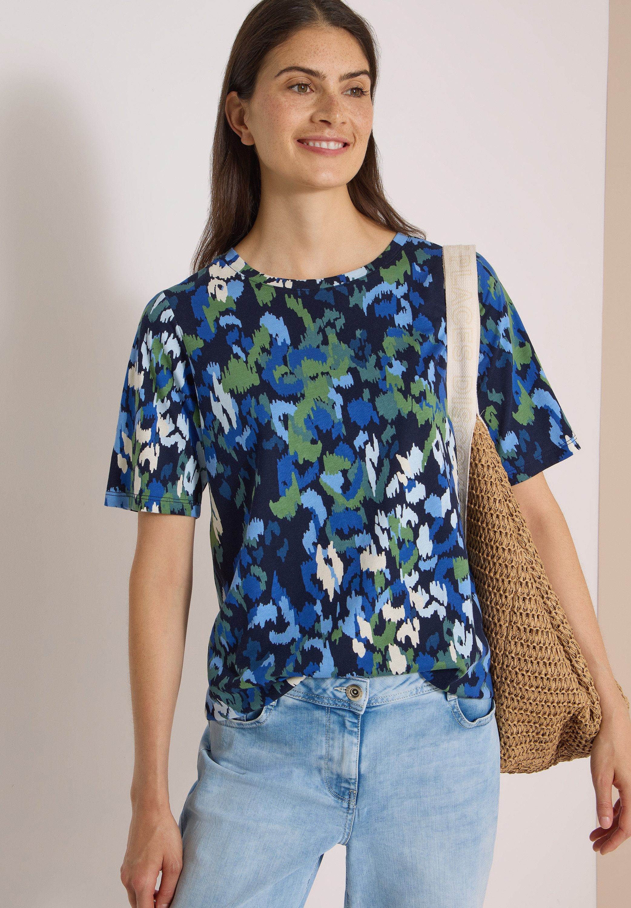 CECIL Kurzarmshirt Sommershirt mit Boat Neck und Print
