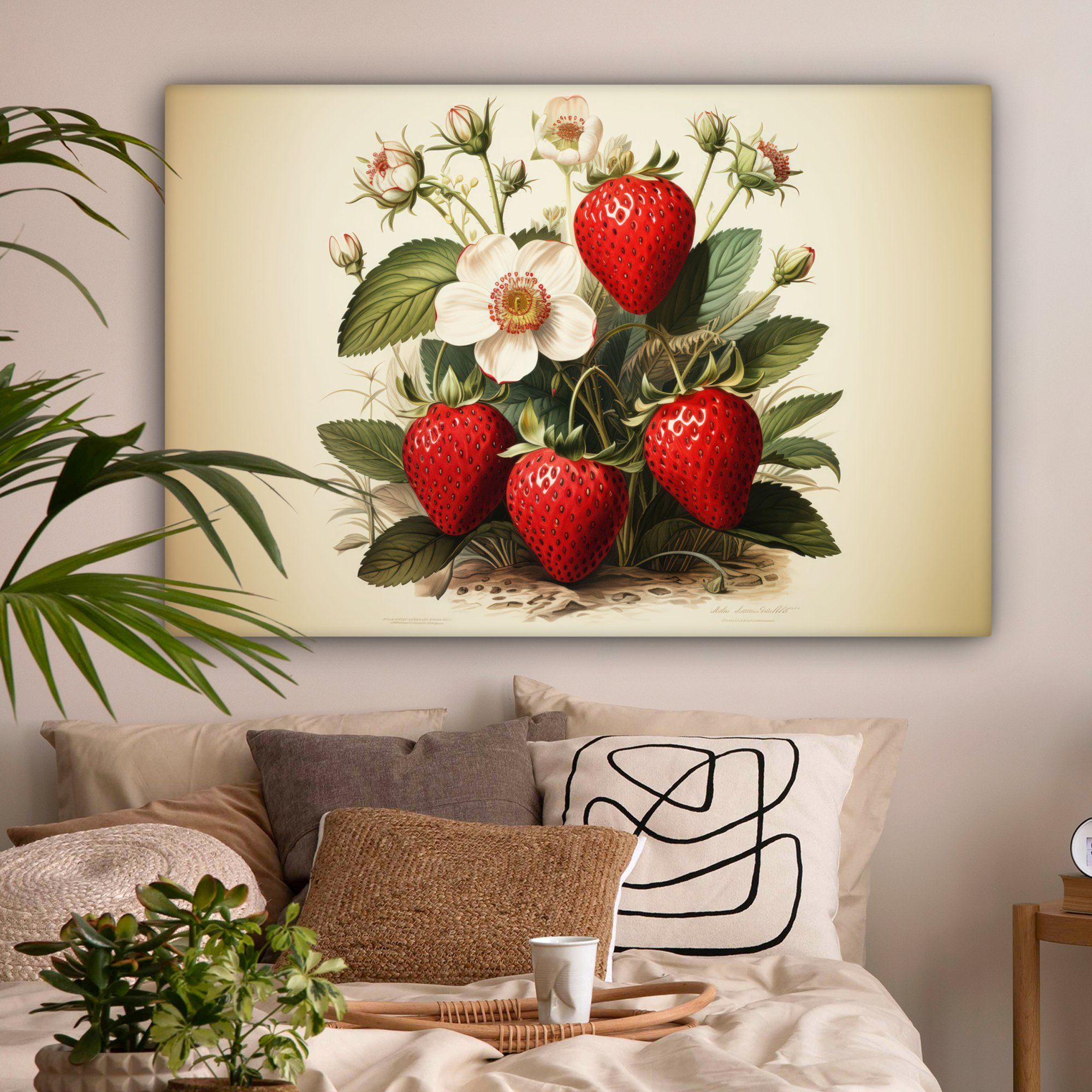 OneMillionCanvasses® Leinwandbild Vintage - Erdbeere - Pflanzen - Obst - Natur - Beige, Fotodruck (1 St), Wandbild XXL für Wohnzimmer Küche 120x80 cm