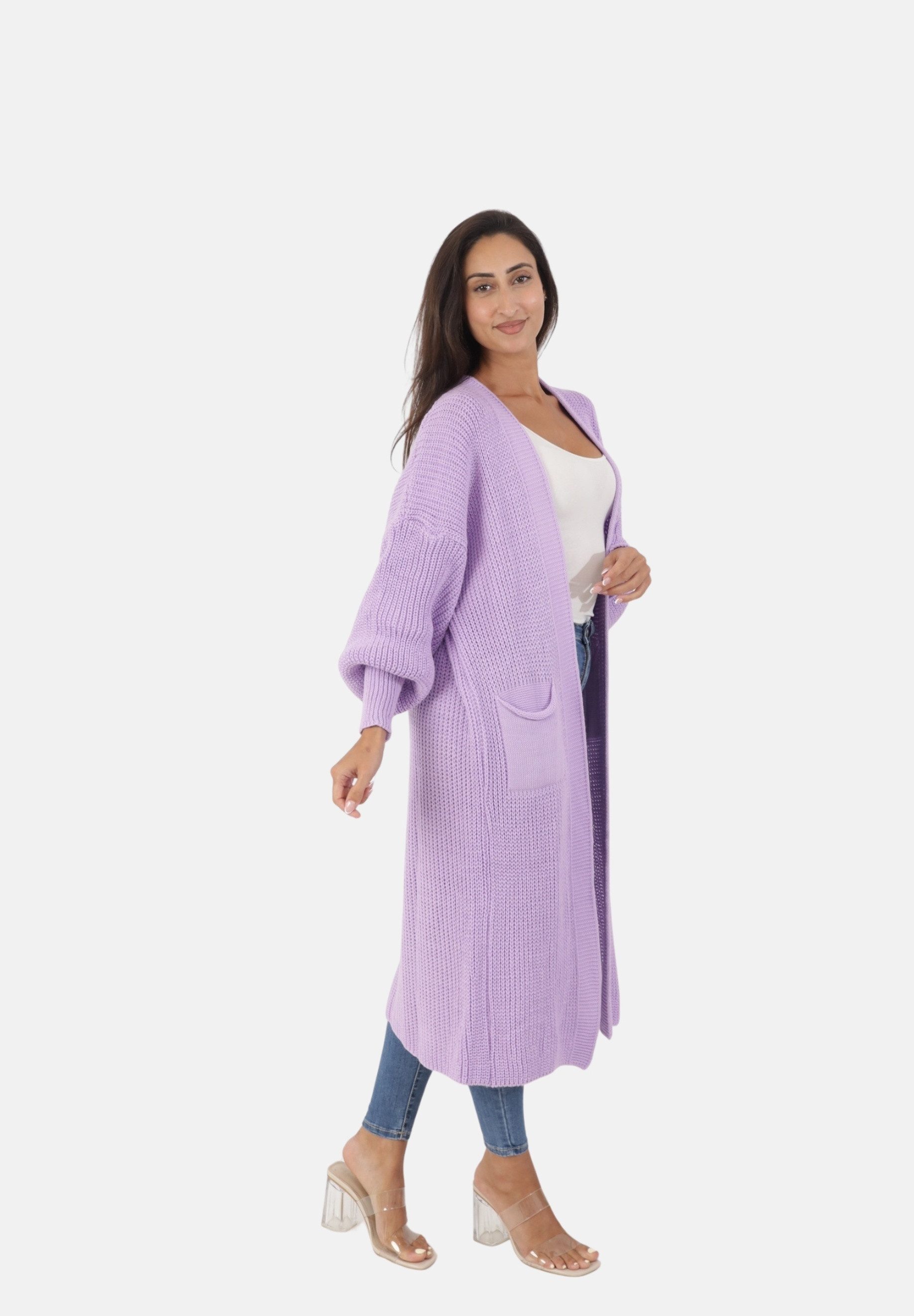 Elara Cardigan – Damen Longcardigan in Grobstrick mit Ballonärmeln und Taschen