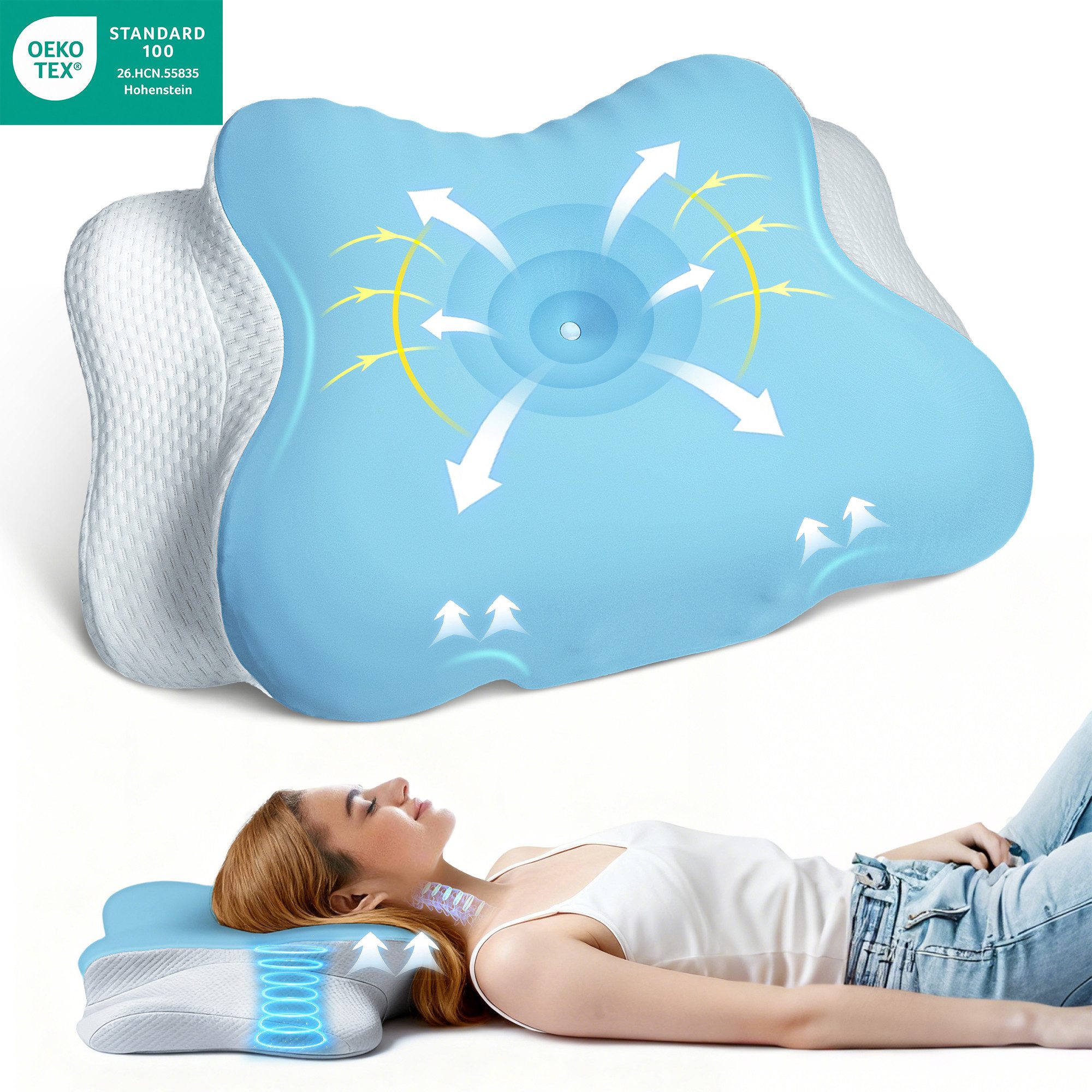 ANYSUN Nackenstützkissen Memory Foam Kissen, Orthopädisches Kopfkissen mit abnehmbarem Bezug, Füllung: 100% Polyurethan, Bezug: 87 % Polyamid, 13 % Elasthan, Seitenschläfer, Bauchschläfer, Rückenschläfer, OEKO-TEX® STANDARD 100 zertifiziert, 2 Höhen 9/14 cm Ergonomisches Kissen für alle Schlaftypen