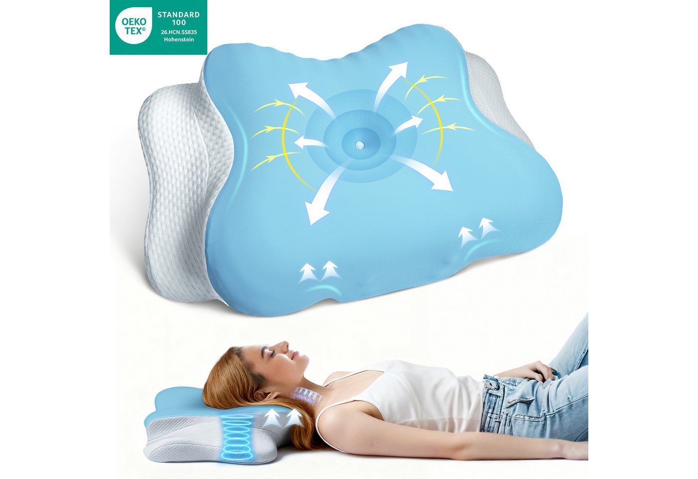 ANYSUN Nackenstützkissen Memory Foam Kissen, Orthopädisches Kopfkissen mit abnehmbarem Bezug, Füllung: 100% Polyurethan, Bezug: 87 % Polyamid, 13 % Elasthan, Seitenschläfer, Bauchschläfer, Rückenschläfer, OEKO-TEX® STANDARD 100 zertifiziert, 2 Höhen 9/14