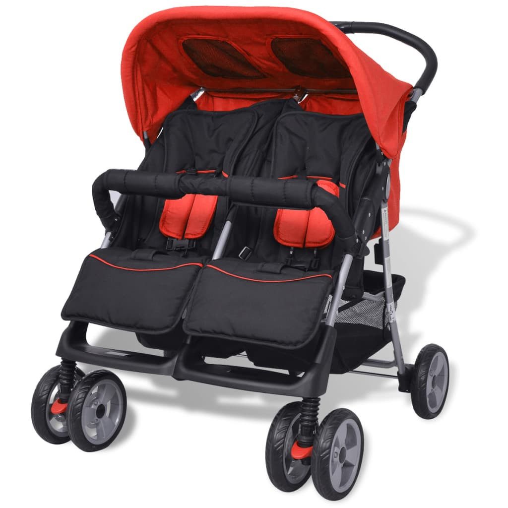 vidaXL Zwillingswagen Baby Zwillingswagen Stahl Rot und Schwarz