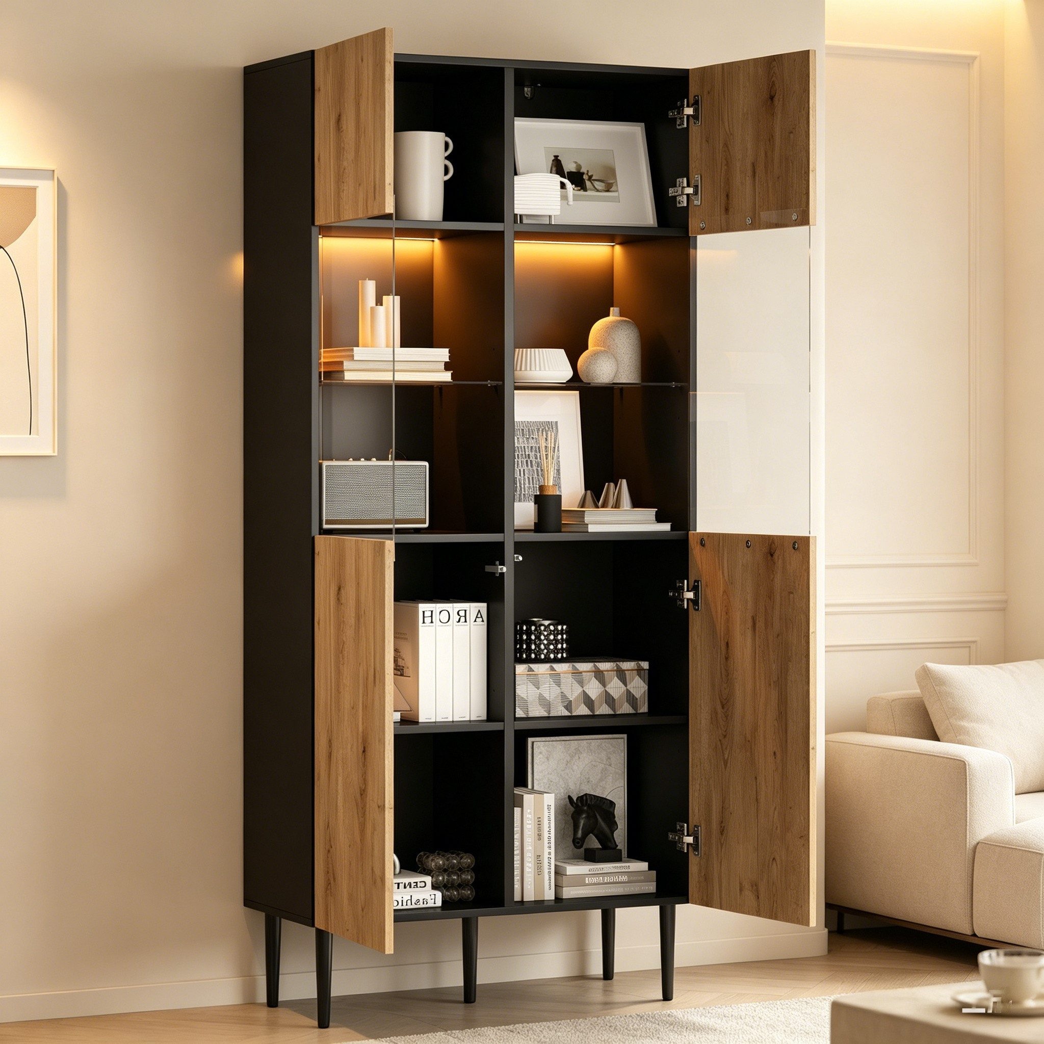 Merax Vitrine mit LED-Beleuchtung, Wohnzimmerschrank in Naturholzoptik & Schwarz (Aufbewahrungsschrank mit Metallbeinen, 1-St., 80x35x180 cm) Hochschrank mit Glastüren, 10 Fächern & verstellbaren Glasböden