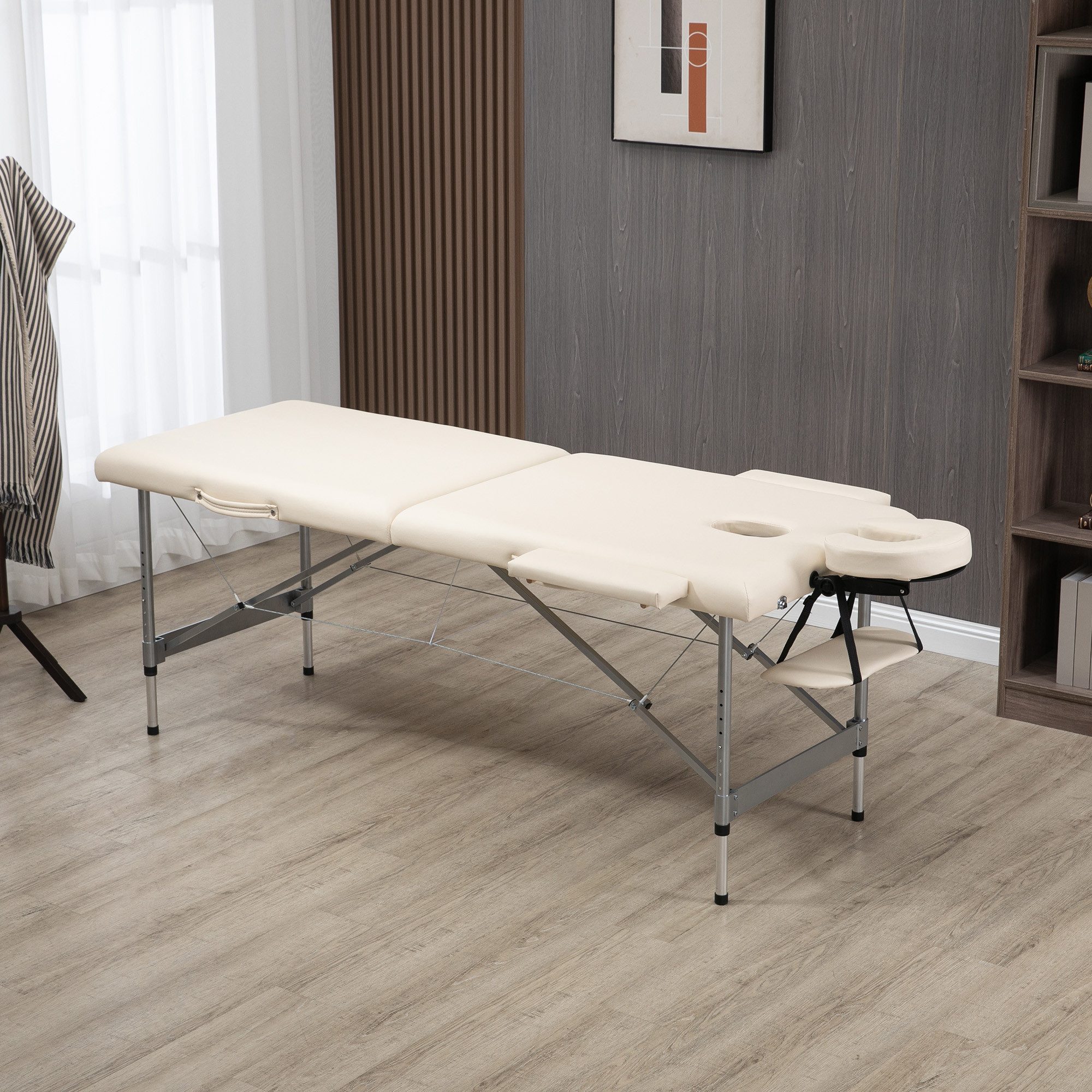 HOMCOM Massageliege 7 Zonen Massagetisch mit Kopfstütze Aluminium Beige (Massagebett, 1-St., Massagebank aus Kunstleder), Klappbar, höhenverstellbar, leicht zu reinigen