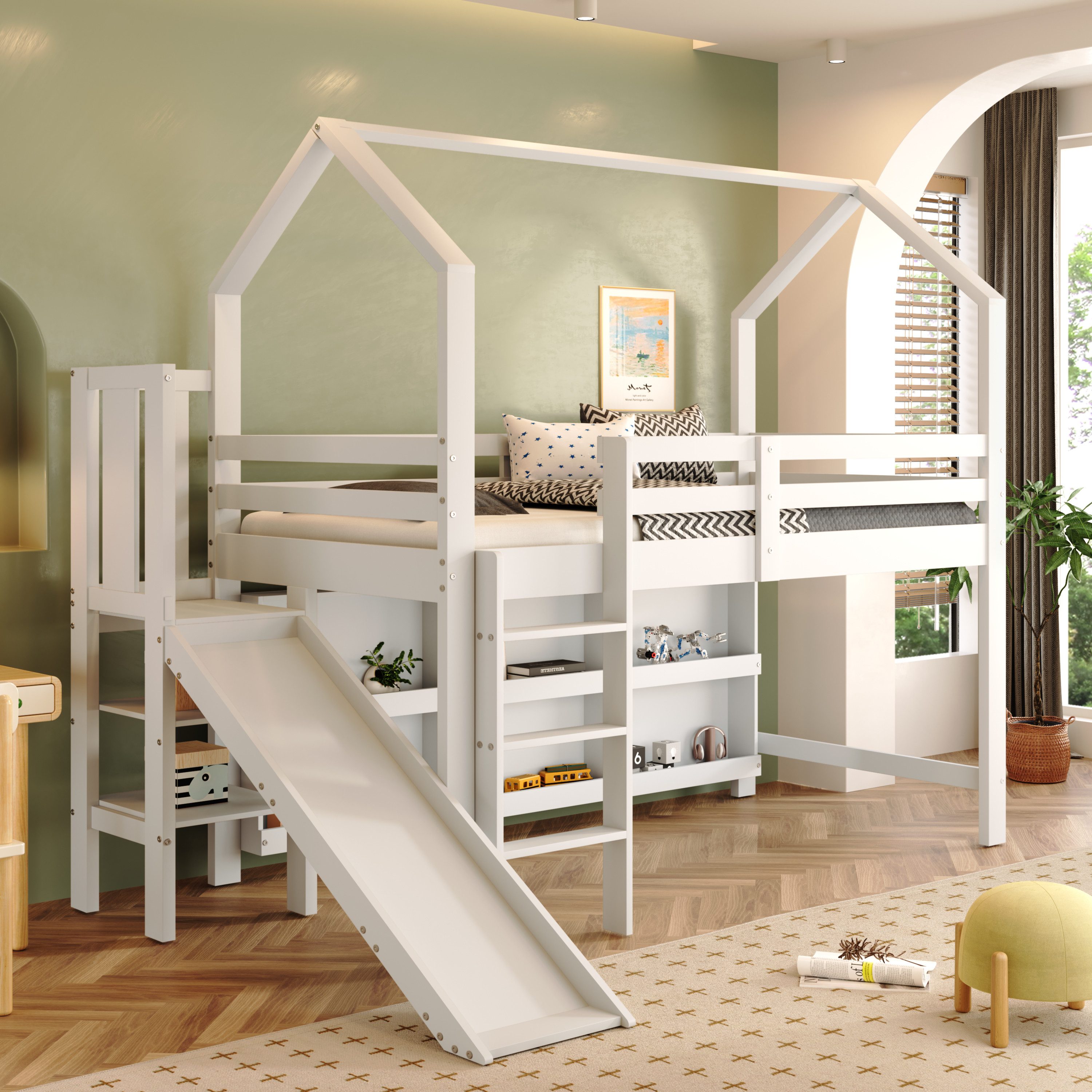 BlingBin Kinderbett 90*200 cm Einzelbett, Stauraumbett Mit Rutsche & Treppen, Hausbett (1er Set, 1-tlg., Belastbarkeit maximal: 120kg, Ohne Matratze, Hochbett, Jugendbett), Holzbett Mit Schließfach & Regal für Schlafzimmer,Massivholz+MDF,Weiß