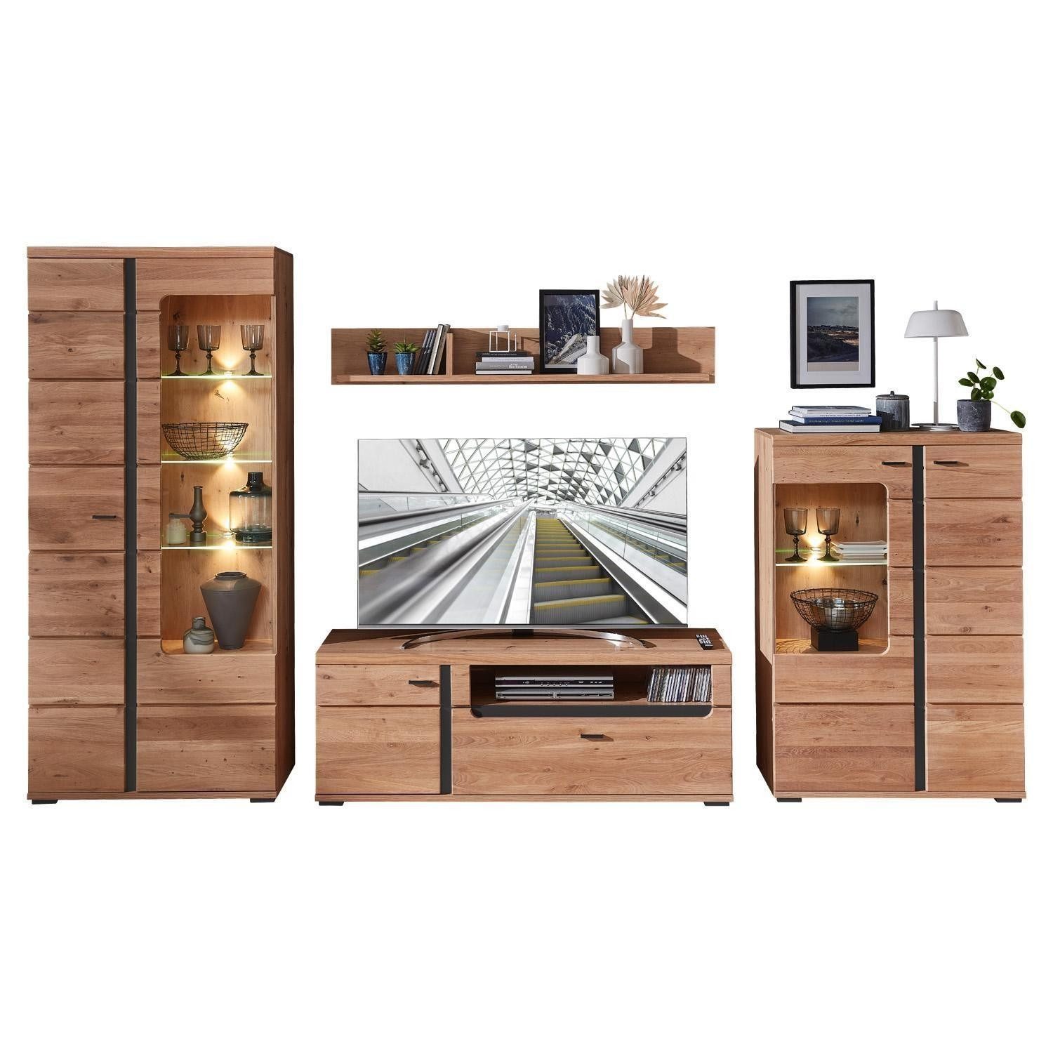 Innostyle Wohnwand SONOS, Alteschenholz massiv, Artisan Eiche Dekor, 4-teilig, mit LED-Beleuchtung