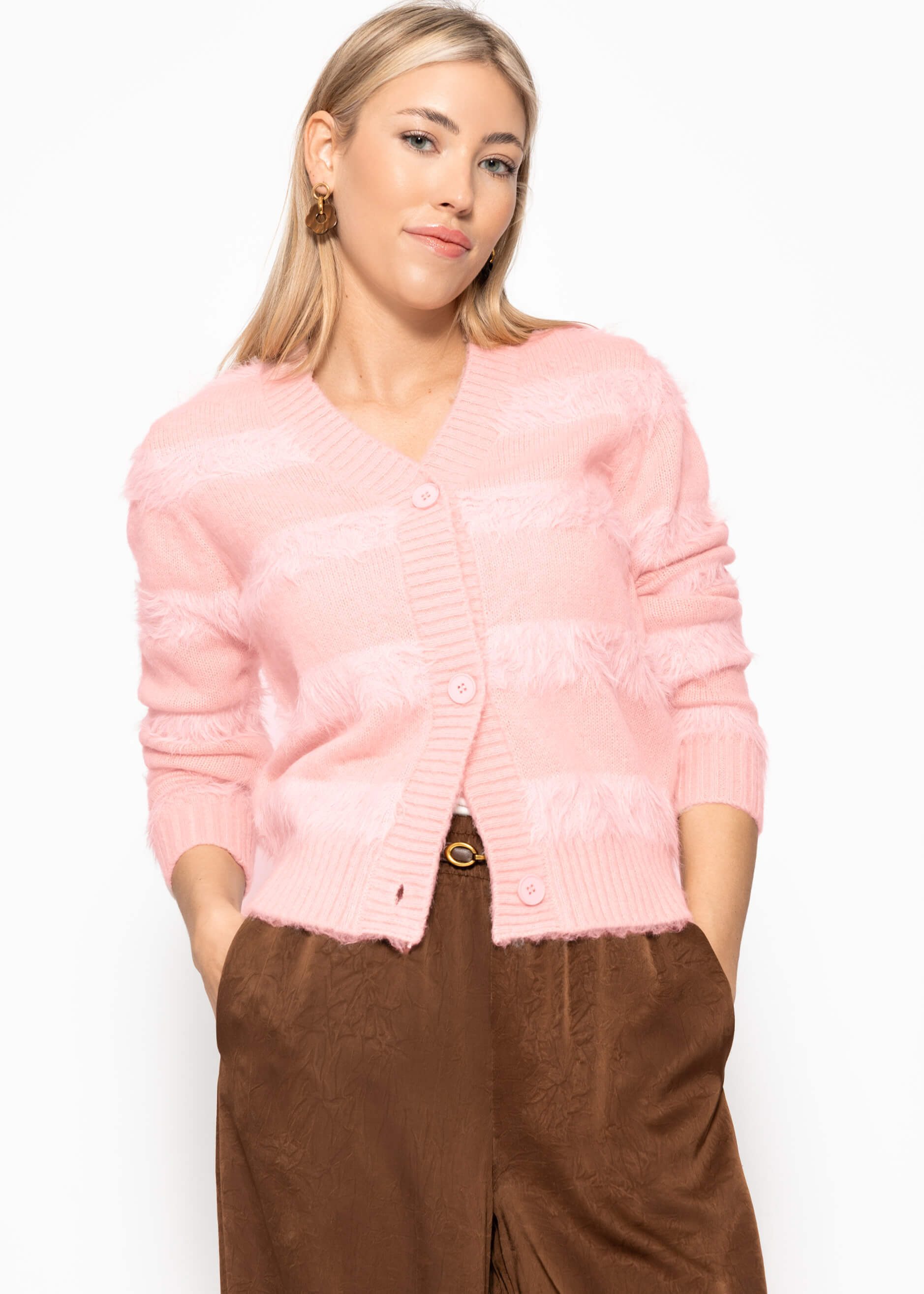 SASSYCLASSY Cardigan Cardigan mit Knopfleiste für Damen Moderne gestreifte Jacke in Rosa