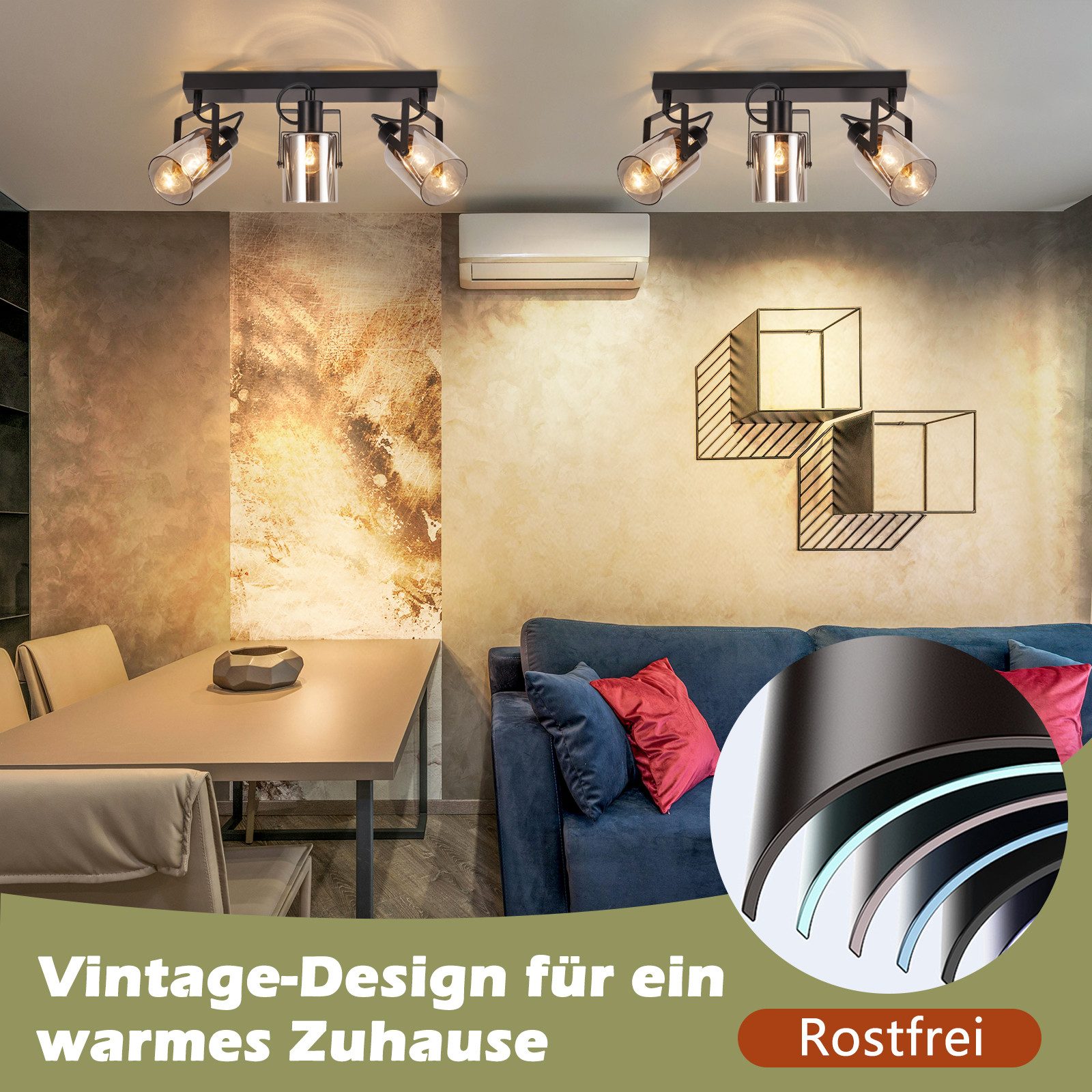 Nettlife Deckenstrahler Vintage 1/2/3/4 flammig Deckenspot Glas Rauchgrau E14, 350° Schwenkbar, ohne Leuchtmittel, für Wohnzimmer Schlafzimmer Flur Küche Esszim – Bild 4 von 5