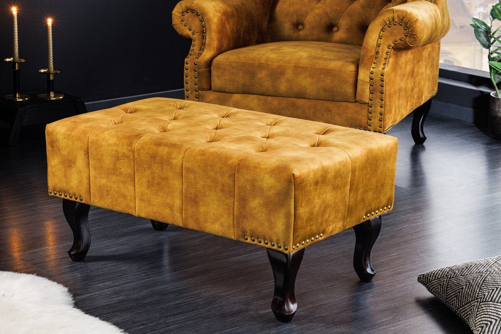 riess-ambiente Fußhocker CHESTERFIELD 80cm senfgelb / dunkelbraun (Einzelartikel, 1 St), Wohnzimmer · Samt · Wellenunterfederung · Chesterfield Design