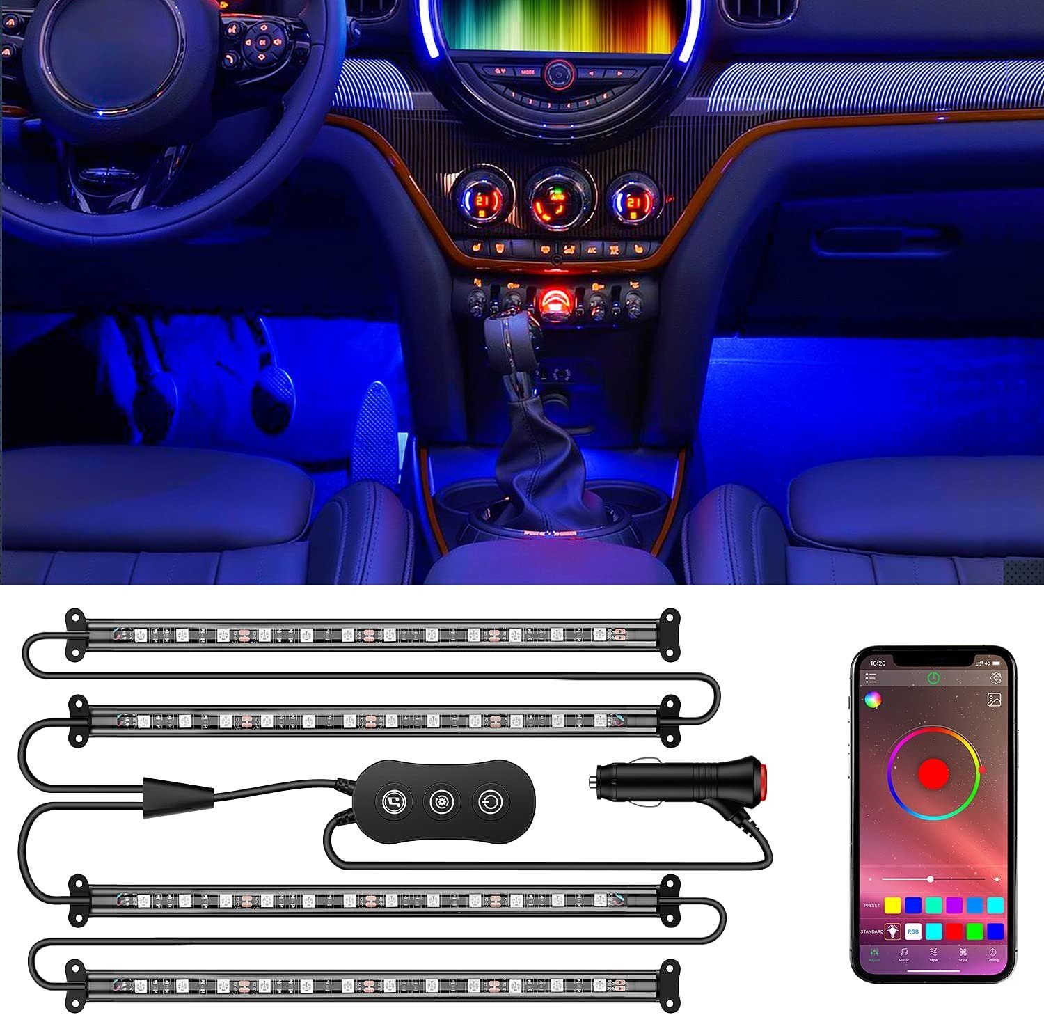 zggzerg LED Lichtleiste Auto-Innenbeleuchtung mit APP-Streifenlichter APP-Steuerung RGB-Farben, 16 Millionen