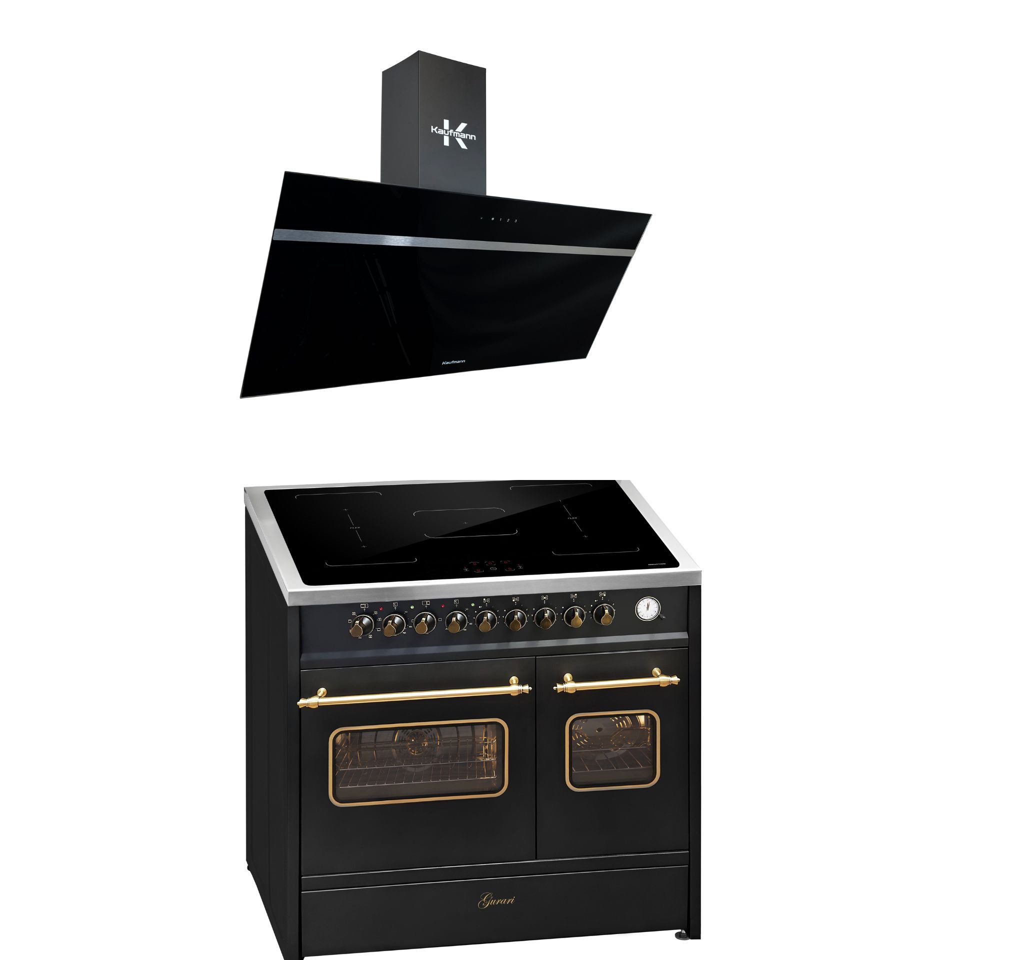 GURARI Induktions-Standherd Retro Elektro Standherd 90 cm, Range Coocker mit FLEX Induktion+Dunstabzugshaube 90 cm, 1000 m³/h E 913 DF RU BL+VIKTORIA 90 BL, mit 1-fach-Teleskopauszug