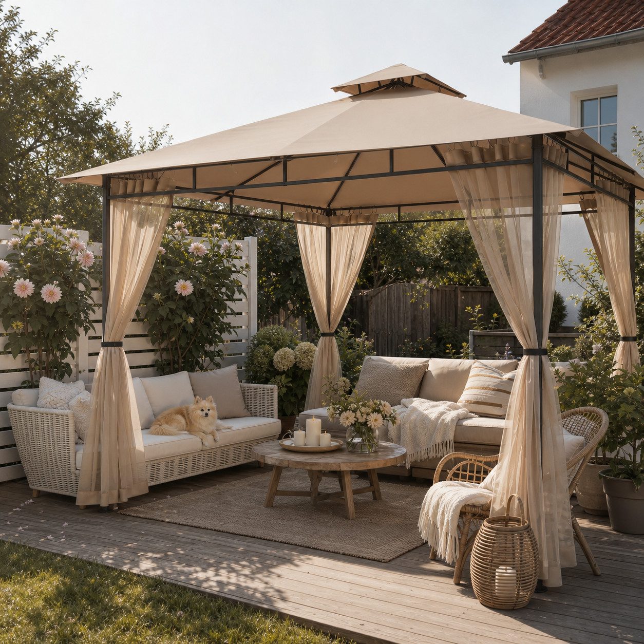 Sekey Pavillon 3 x 3m Pavillon Partyzelt Gartenpavillon mit Moskitonetz, Doppeldach, mit 4 Seitenteilen, Stabil, Wasserdicht, Winfest, Sonnenschutz