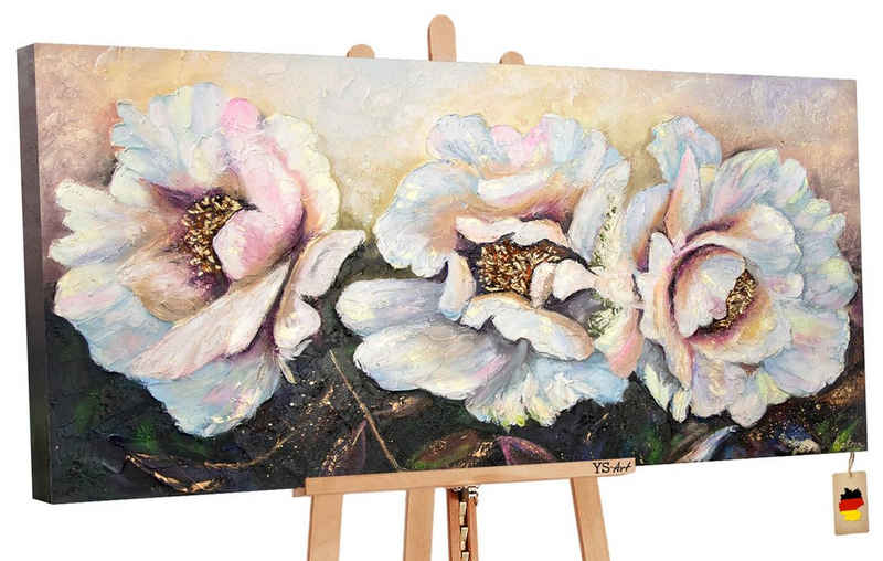 YS-Art Gemälde »Pfingstrosen«, Blumen, Pfingstrose Weiß Gold Schwarz Leinwand Bild Handgemalt