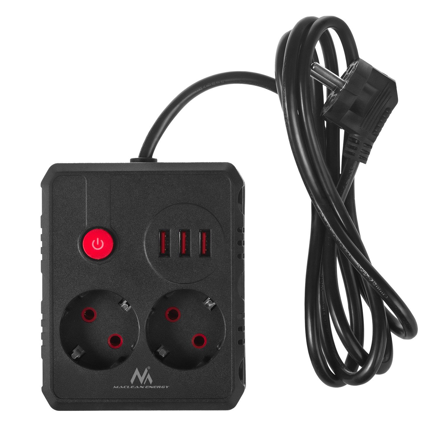 Maclean 2 Steckdosen 2500W 3xUSB Mehrfachsteckdose 2-fach (Kabellänge 1.5 m), 110-240V AC 50/60Hz, 2,1A max 2500W