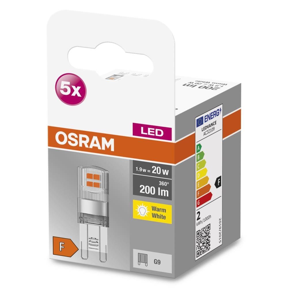 Osram LED-Leuchtmittel 5er Pack LED Base PIN G9 Lampe 1,9W, G9, Warmweiß