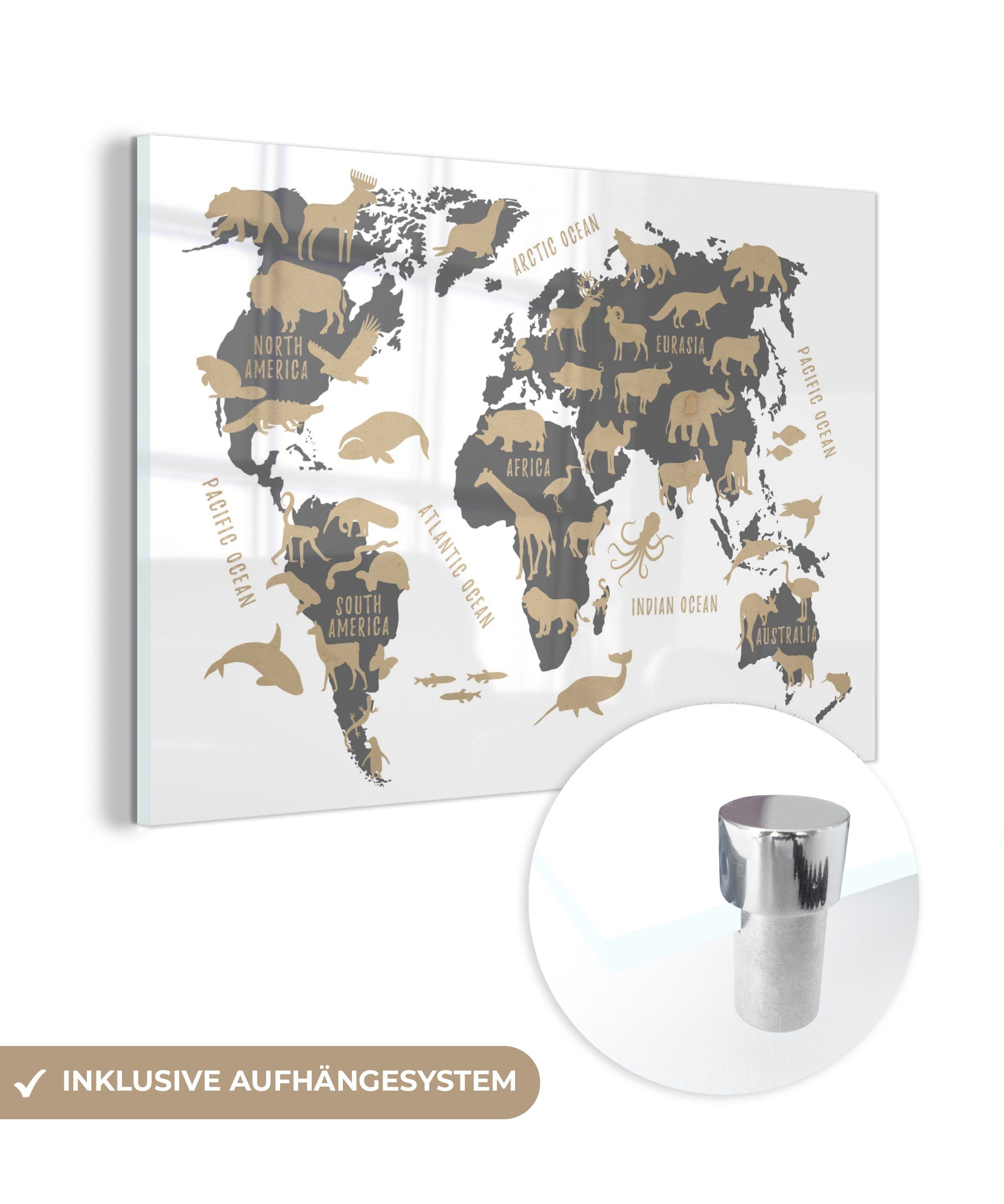 MuchoWow Acrylglasbild Weltkarte - Grau - Tiere, (1 St), Glasbilder - Bilder auf Glas Wandbild - Foto auf Glas - Wanddekoration