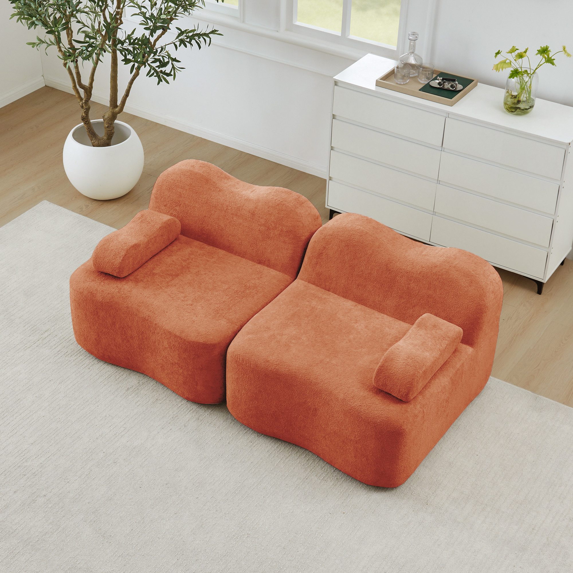 HAUSS SPOLE Loungesofa tiefe Sitzkissen,Zweisitzer Relaxsofa Polstersofa in Wellenform,Orange