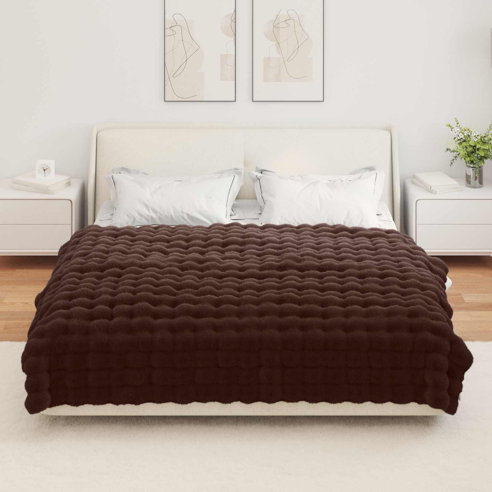 vidaXL Bettüberwurf Rutschfeste Decke aus Kunstkaninchenfell Olite Kamel Polyester – Bild 4 von 5