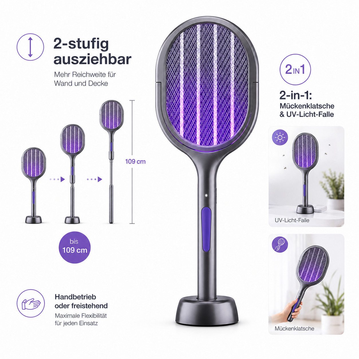 Ertex Fliegenklatsche Elektrische Mückenklatsche 2-in-1 UV-Licht&Teleskopstiel bis 109 cm
