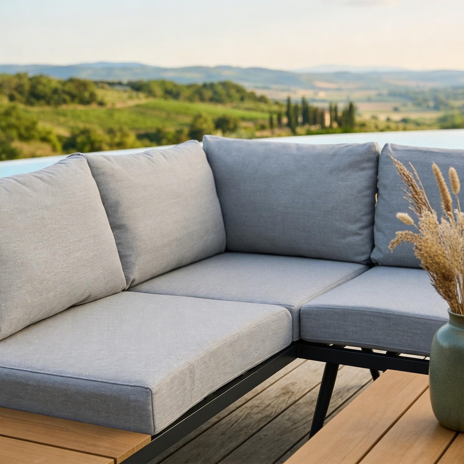 CARO-Möbel Gartenlounge-Set PAROS, (2-tlg), Outdoor Sofa mit Beistelltisch, Garten Ecksofa grau und holzoptik
