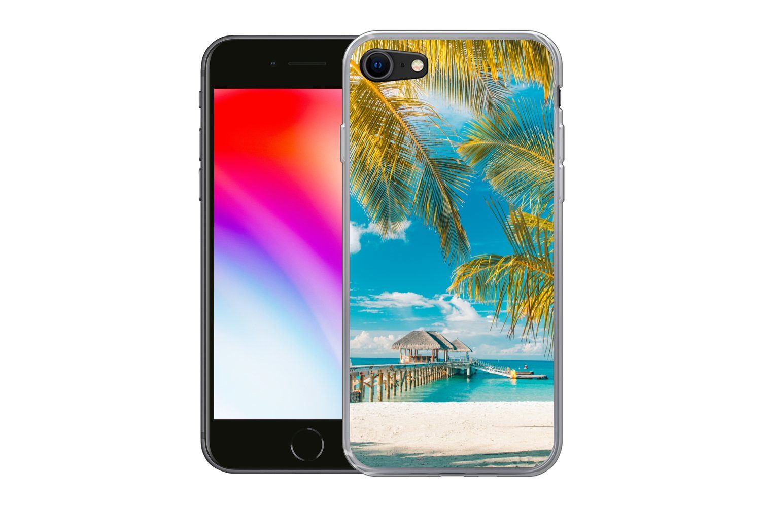 MuchoWow Handyhülle für Apple iPhone SE 2020 Strand - Palme - Meer, Smartphone-Bumper, Print, Handy Schutzhülle Dünn