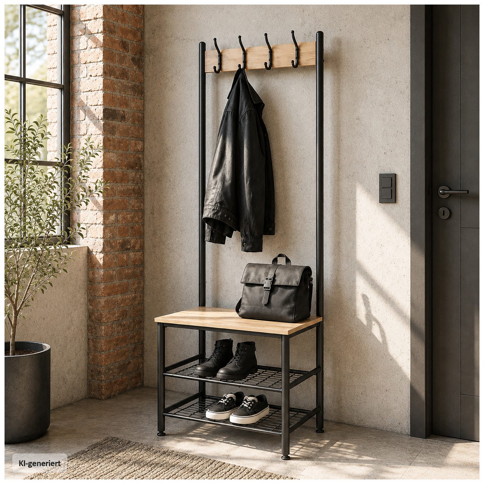 HTI-Living Garderobenständer Sonoma Schwarz mit 4 Haken und Schuhablage, (1 Stück, 1 St), Modern, Industriell