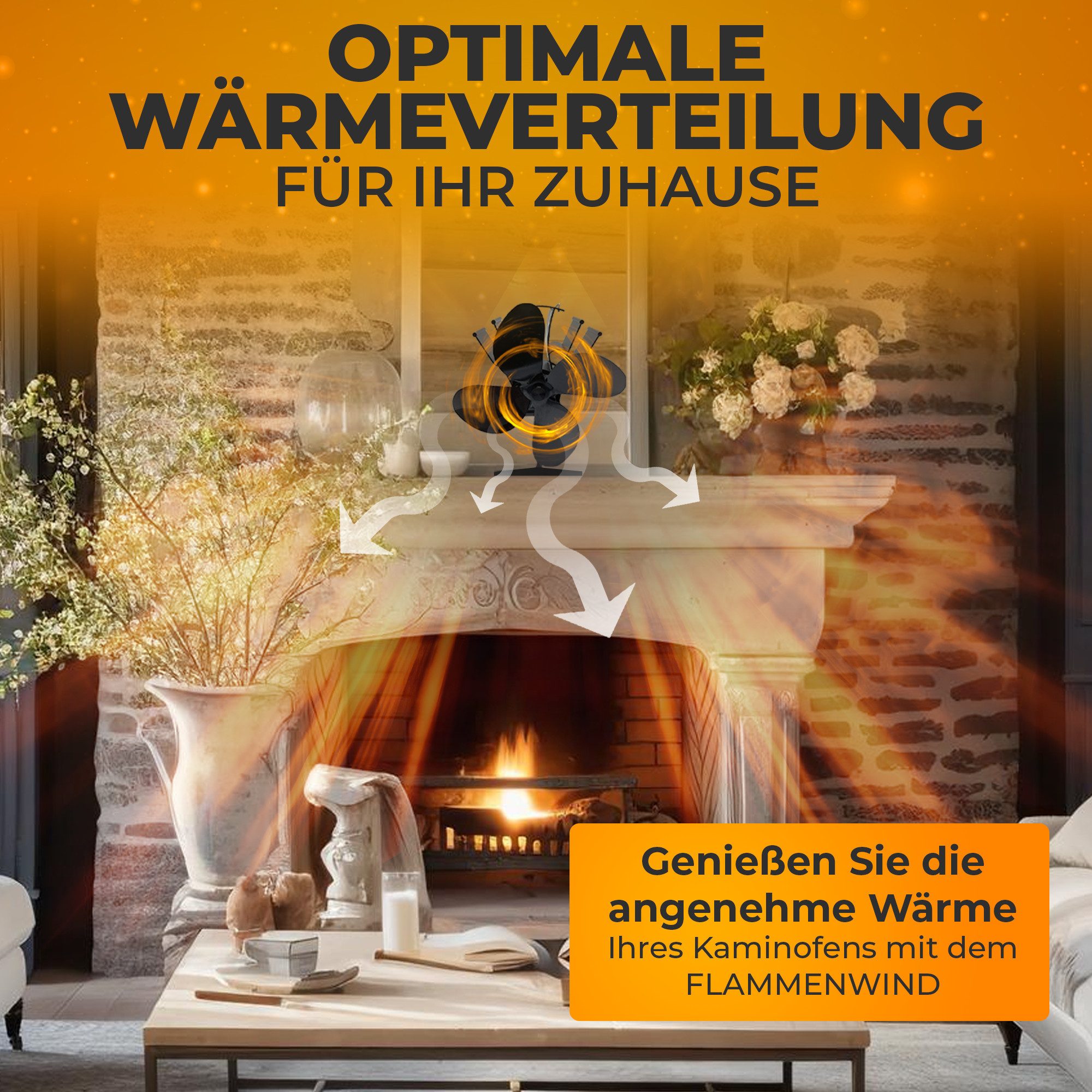 Flammenwind Kaminventilator Ofenventilator-wärmebetrieben, ohne Batterie Nutzbar inkl. Thermometer, Premium Gerät sorgt für Wärmeverteilung ohne Stromverbrauch