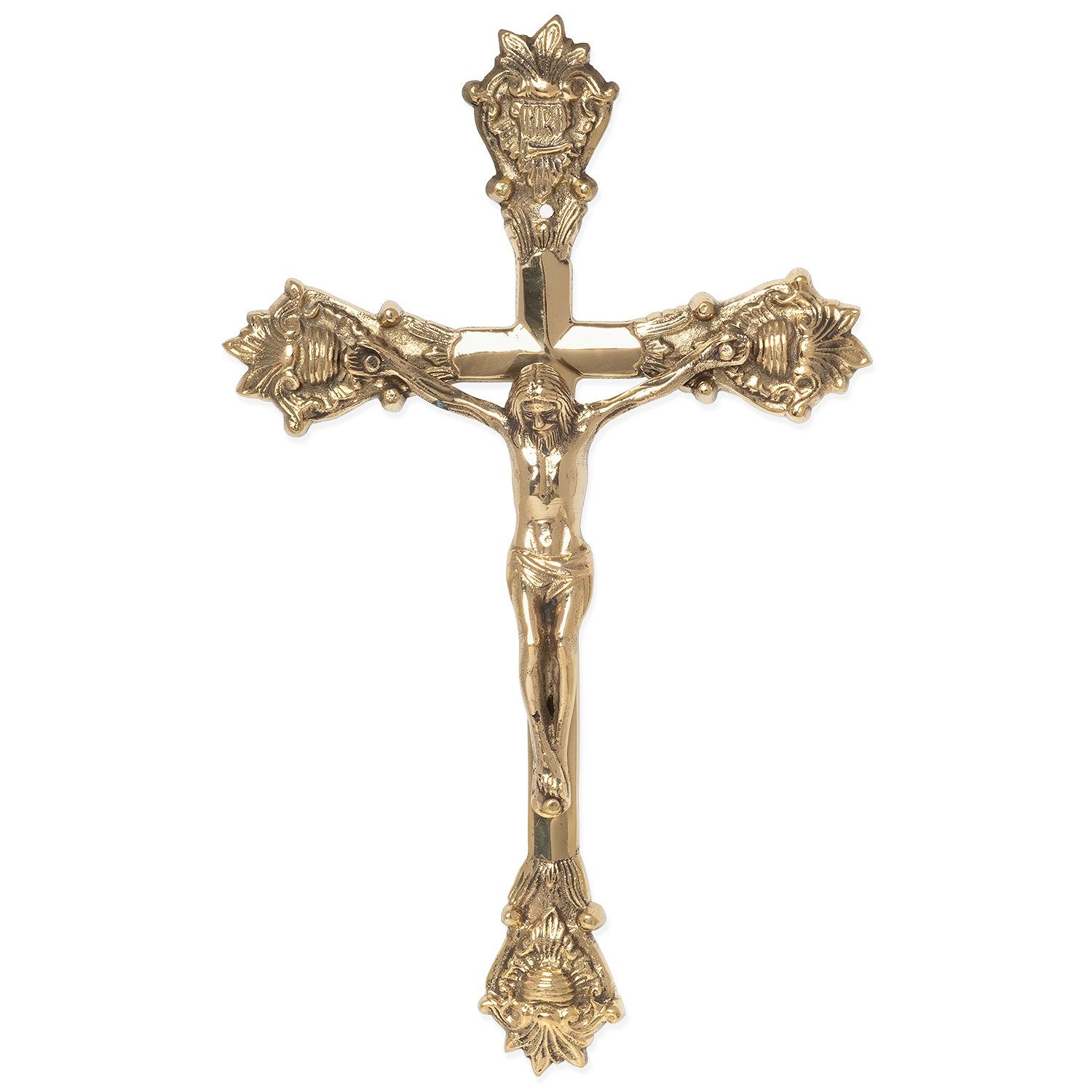 Moritz Dekoobjekt Kruzifix mit Jesus Christus, Wandkreuz Inri mit Figur auf Kreuz aus Metall Messingfarben