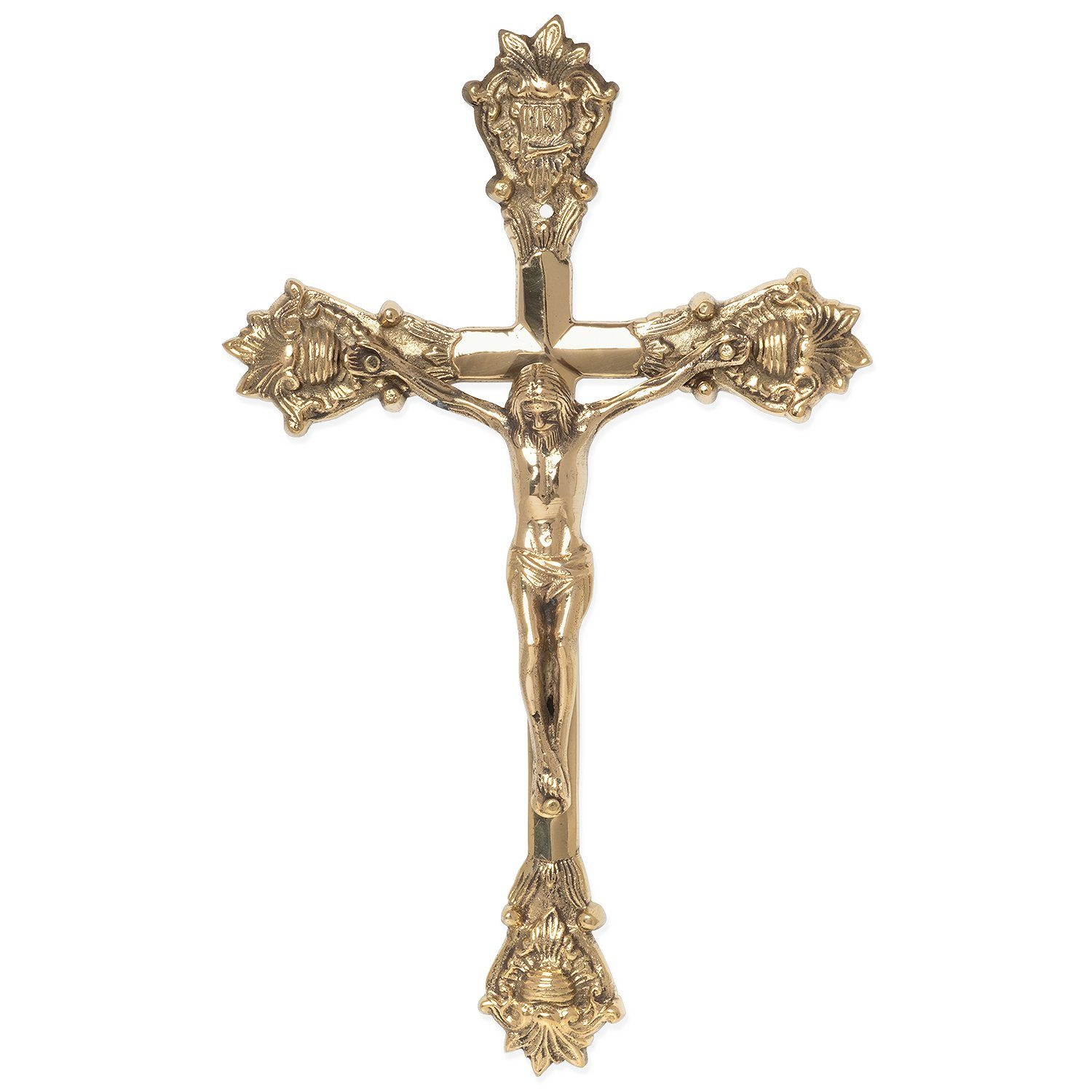 Moritz Dekoobjekt Wandkreuz Inri Kruzifix mit Jesus Christus Figur auf Kreuz, Wandkreuz Inri mit Figur auf Kreuz aus Metall Messingfarben