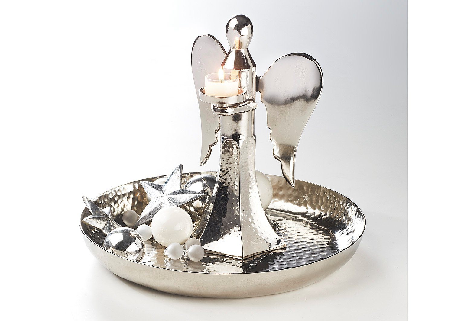 Kobolo Tablett Tablett Dekoschale silber gehämmert 34cm, Aluminium – Bild 5 von 5