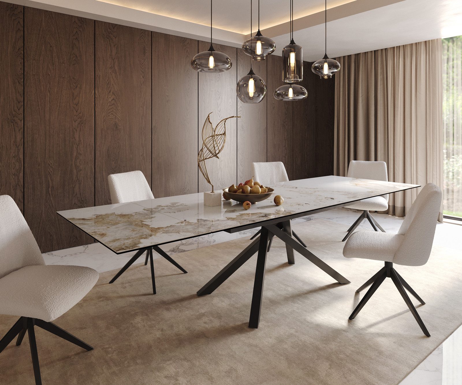 DELIFE Esstisch Edge, Keramik Minas Melange Weiß-Beige 200-300x100 Kreuzgestell Rechteck Sch