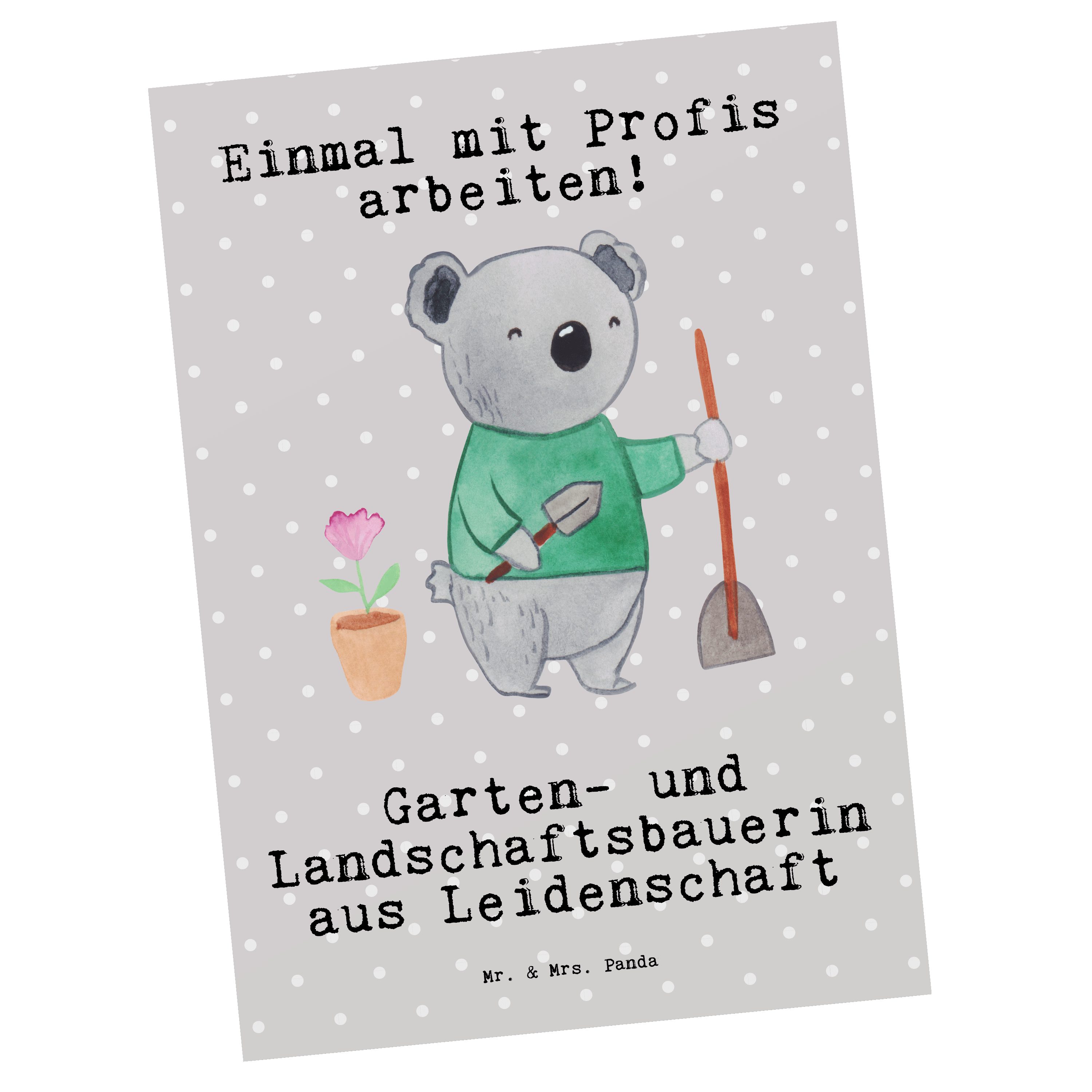 Mr. & Mrs. Panda Postkarte Garten- und Landschaftsbauerin aus Leidenschaft - Grau Pastell - Gesc