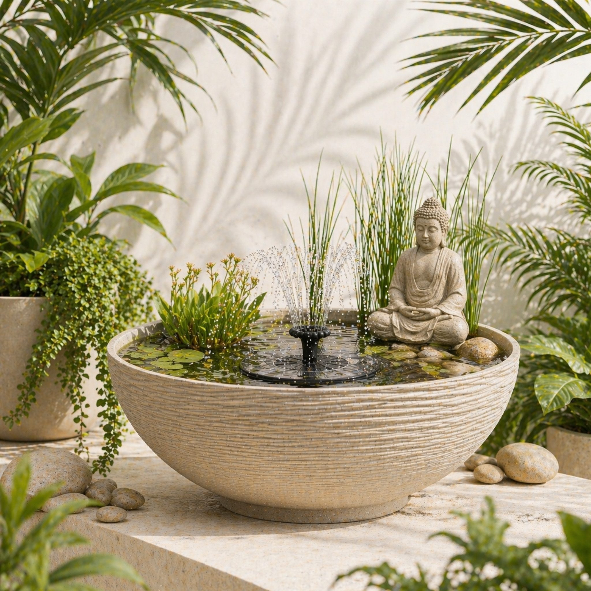 matches21 HOME & HOBBY Wasserspiel Solar Springbrunnen für draußen, Wasserfontäne als Gartendeko, (7 tlg), Solarbrunnen mit Saugnapf, Abstandshalter & 5 Aufsätze