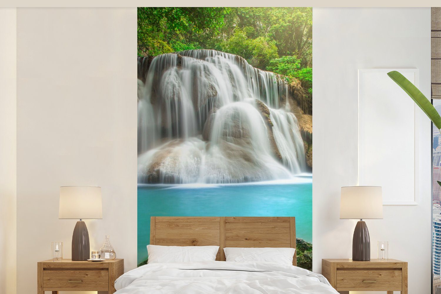 MuchoWow Fototapete Wald - Wasserfall - Natur, Matt, bedruckt, (2 St), Vliestapete für Wohnzimmer Schlafzimmer Küche, Fototapete