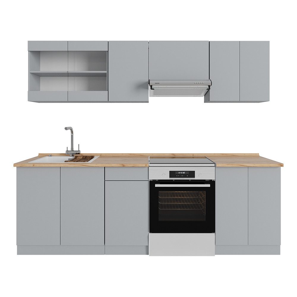 Vicco Küchenzeile R-Line, Grau/Goldkraft Eiche, 240 cm, AP Eiche