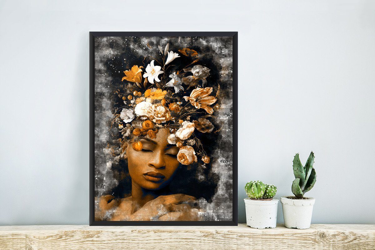 Wanddeko, Poster, Bilder, St), Poster - Bilderrahmen - Schwarzem Gold Blumen, Wandposter, Frauen (1 MuchoWow Gerahmtes