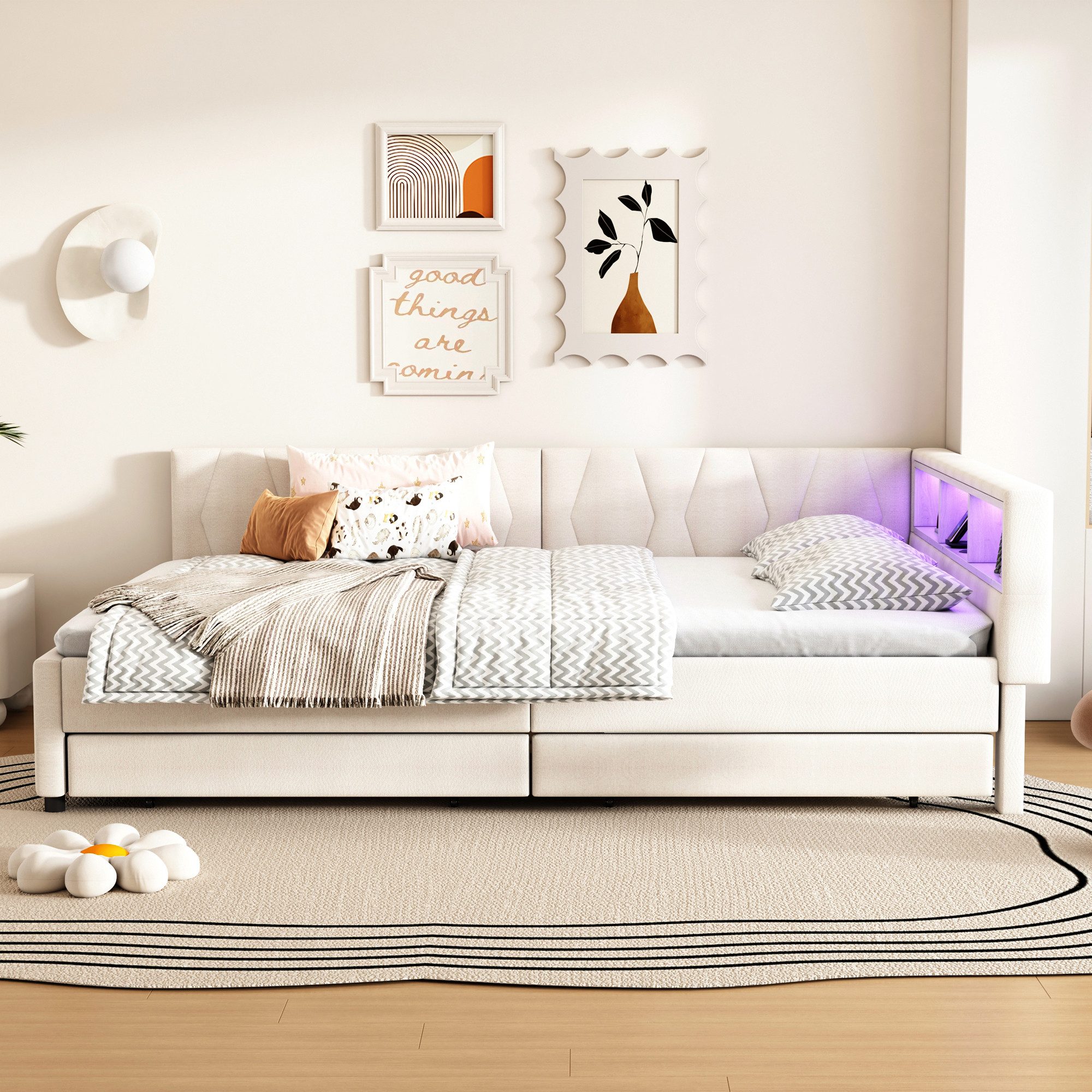 Flieks Daybett, LED Polsterbett Schlafsofa 140x200cm mit 2 Schubladen und U günstig online kaufen