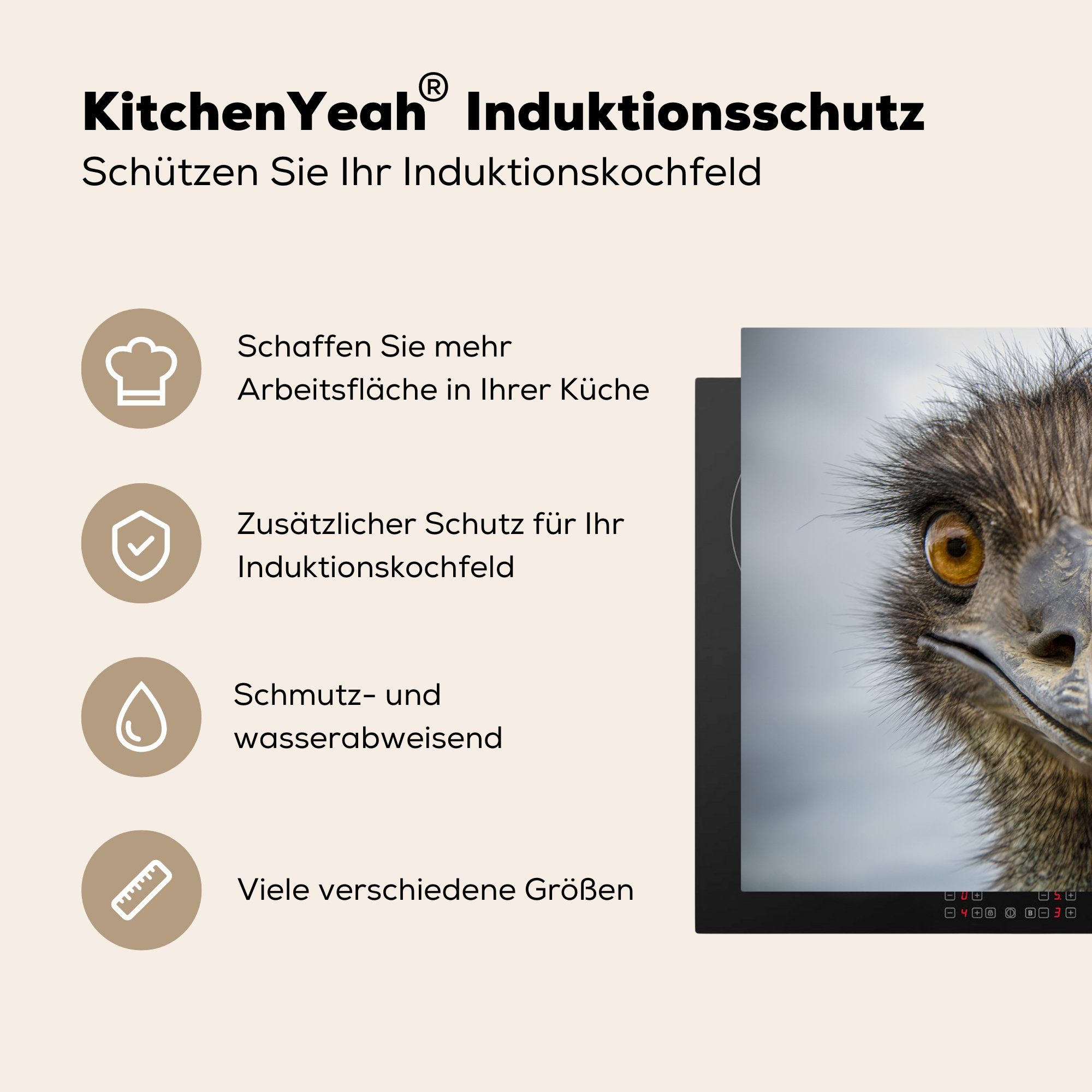 Emu, cm, Schutz die MuchoWow Induktionskochfeld Ceranfeldabdeckung (1 Vogelkopf 81x52 Herdblende-/Abdeckplatte Vinyl, tlg), küche, für des