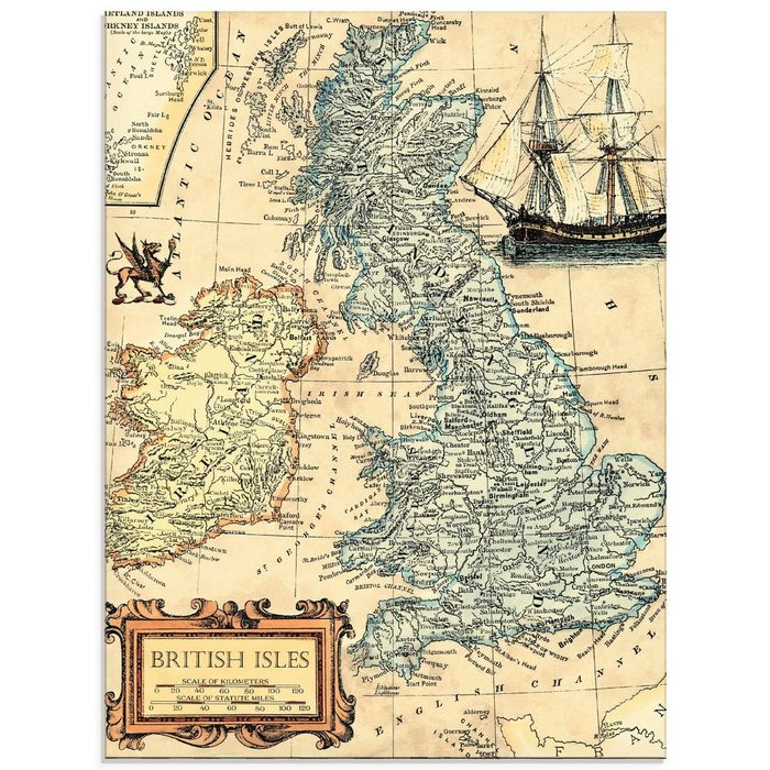 Artland Glasbild Britische Inselkarte Landkarten (1 St) in verschiedenen Größen